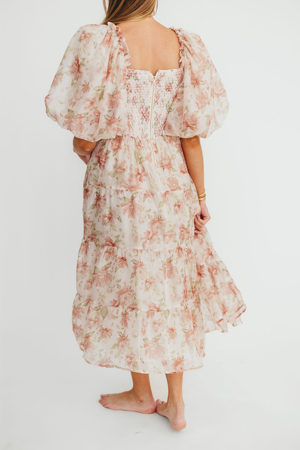 McKenna Puffed Sleeve Tiered Midi Dress in Peach - Flowy Summer Dress for Women, Beach Wedding Guest Outfit, Boho Chic Party Dress