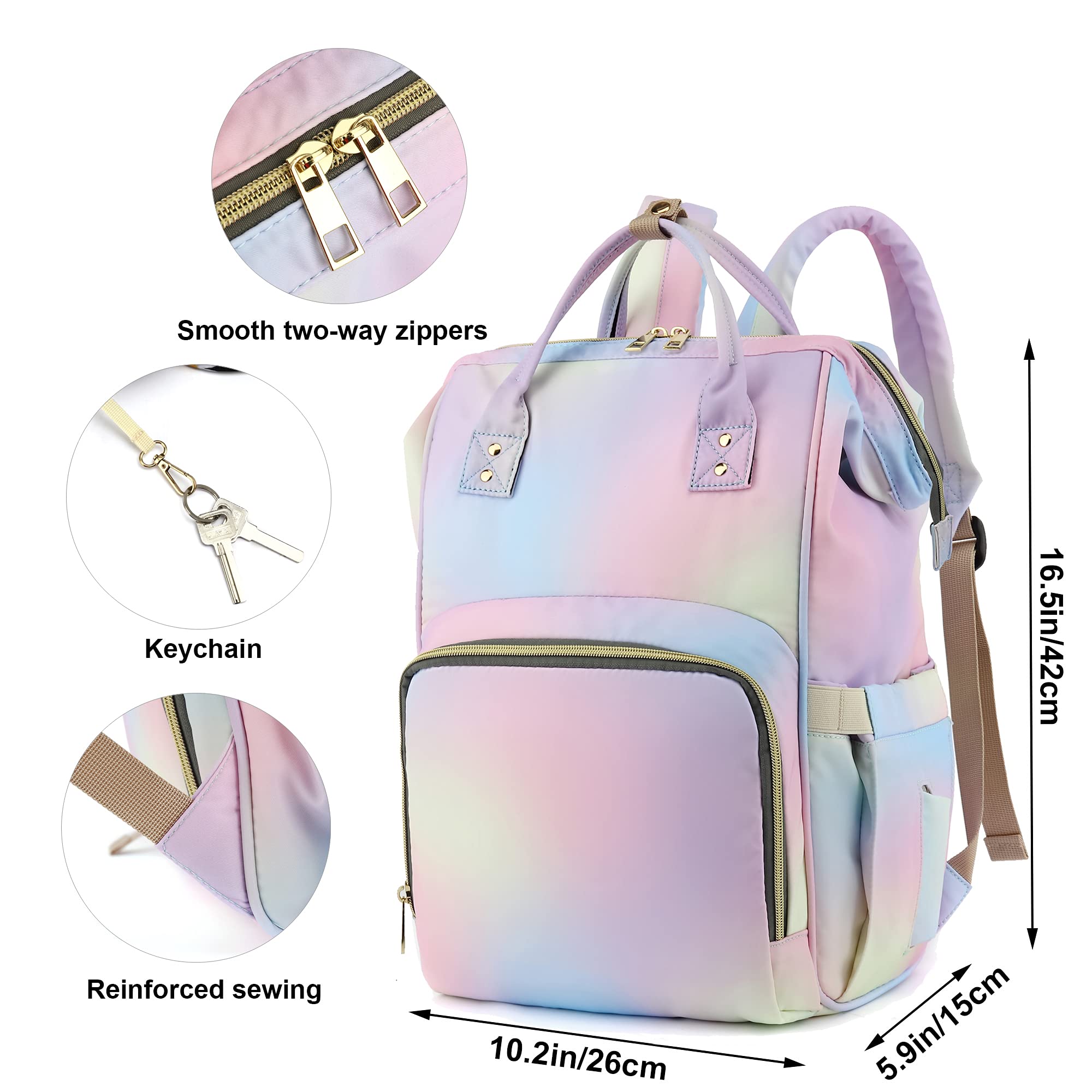 Waterproof Rainbow Diaper Backpack for Baby Girls & Moms - Large Pink Nappy Bag with Multiple Pockets | Perfect for Daycare, Travel & On-the-Go Parenting