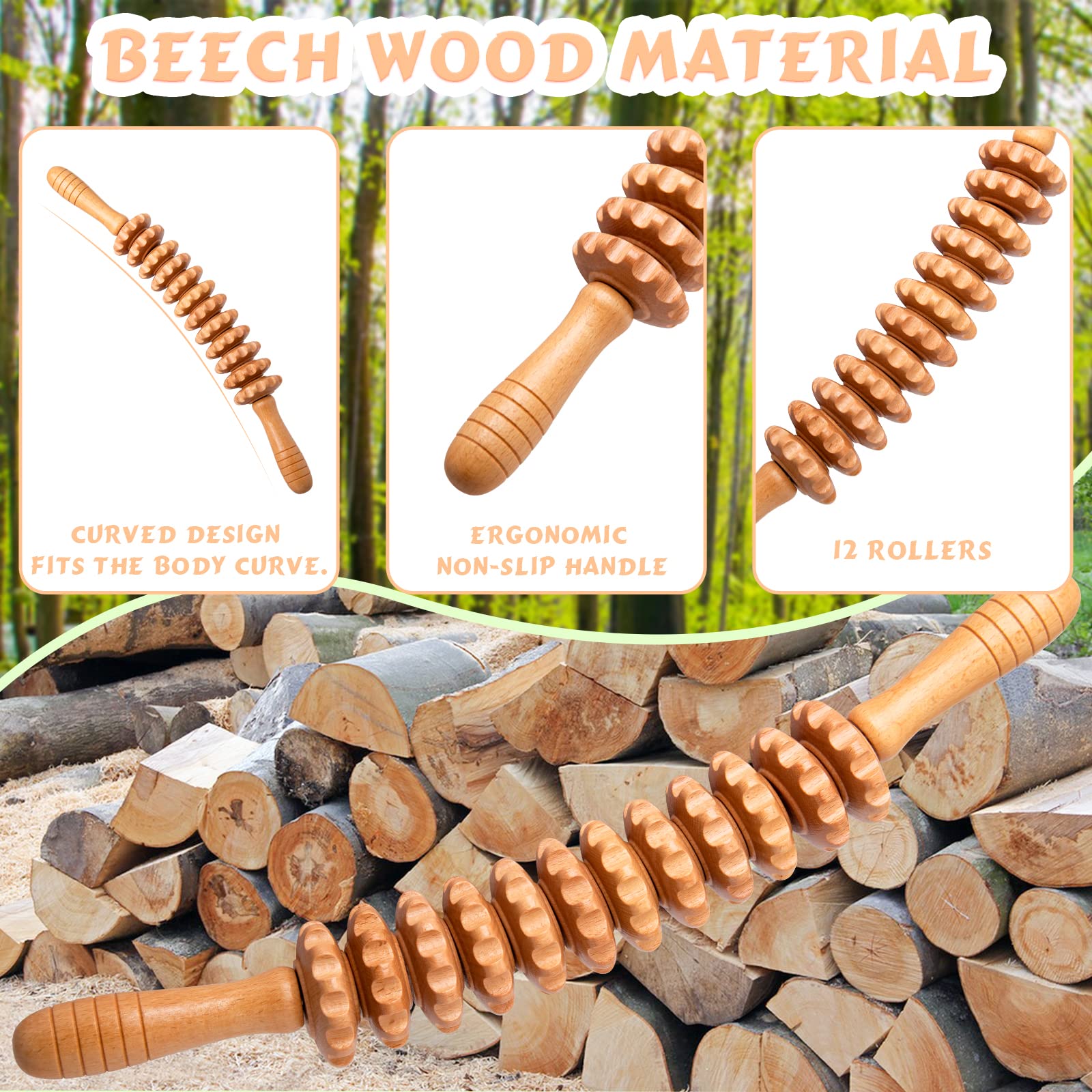 **Wooden Therapy Massage Roller for Lymphatic Drainage & Cellulite Reduction - Curved Muscle Roller Stick for Waist, Thigh & Stomach Massage - Relaxation & Pain Relief (Includes White Box) - Perfect for Post-Workout Recovery & Home Spa**