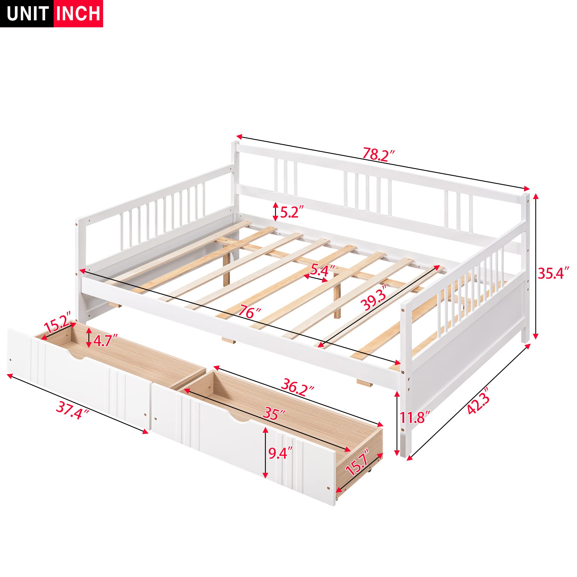 MERITLINE Twin Size Wood Daybed with Storage Drawers - Convertible Sofa Bed for Teens & Adults - White (Twin) | Perfect for Small Bedrooms, Guest Rooms & Dormitories