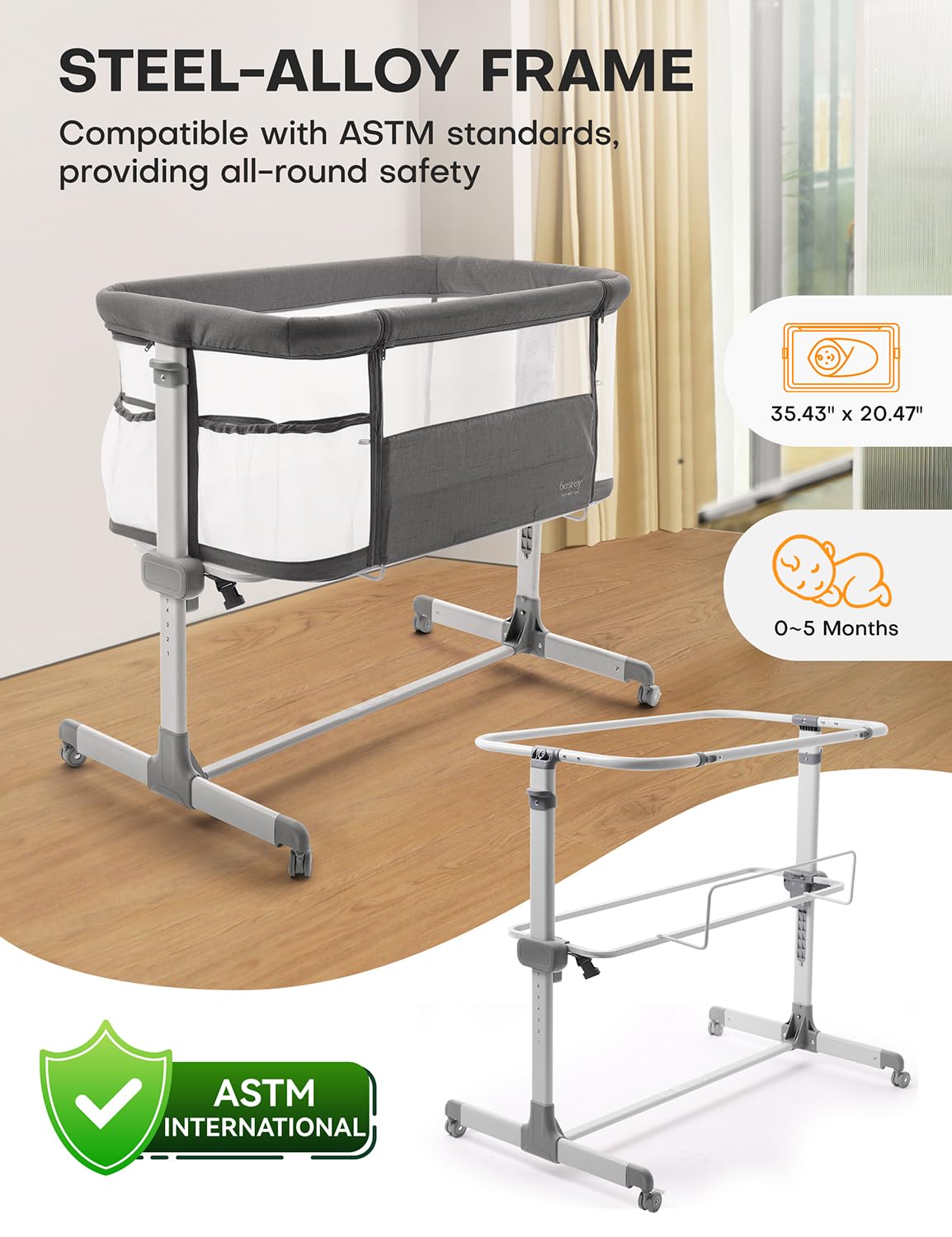Besrey Baby Bassinet Bedside Sleeper - Breathable Mesh Crib for Newborns with Adjustable Height & 360° Wheels | Portable Infant Bed with Storage Pockets | Perfect for Nursery, Bedroom & Travel