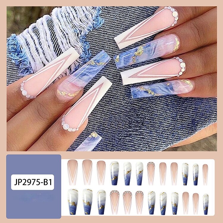 Glossy Pink Press on Nails with Blue Rhinestones - Extra Long Ballet Fake Nails - Detachable False Nails with Glue - Perfect for Parties, Weddings, and Special Occasions