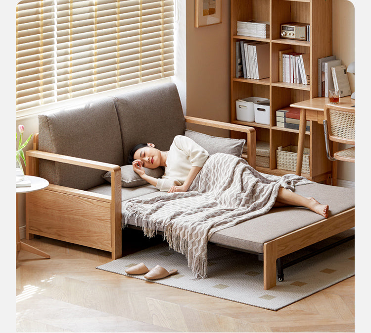 Solid Oak Wood Sofa Bed - Modern Multifunctional Convertible Sleeper for Small Spaces | Living Room, Guest Room & Studio Apartment Furniture