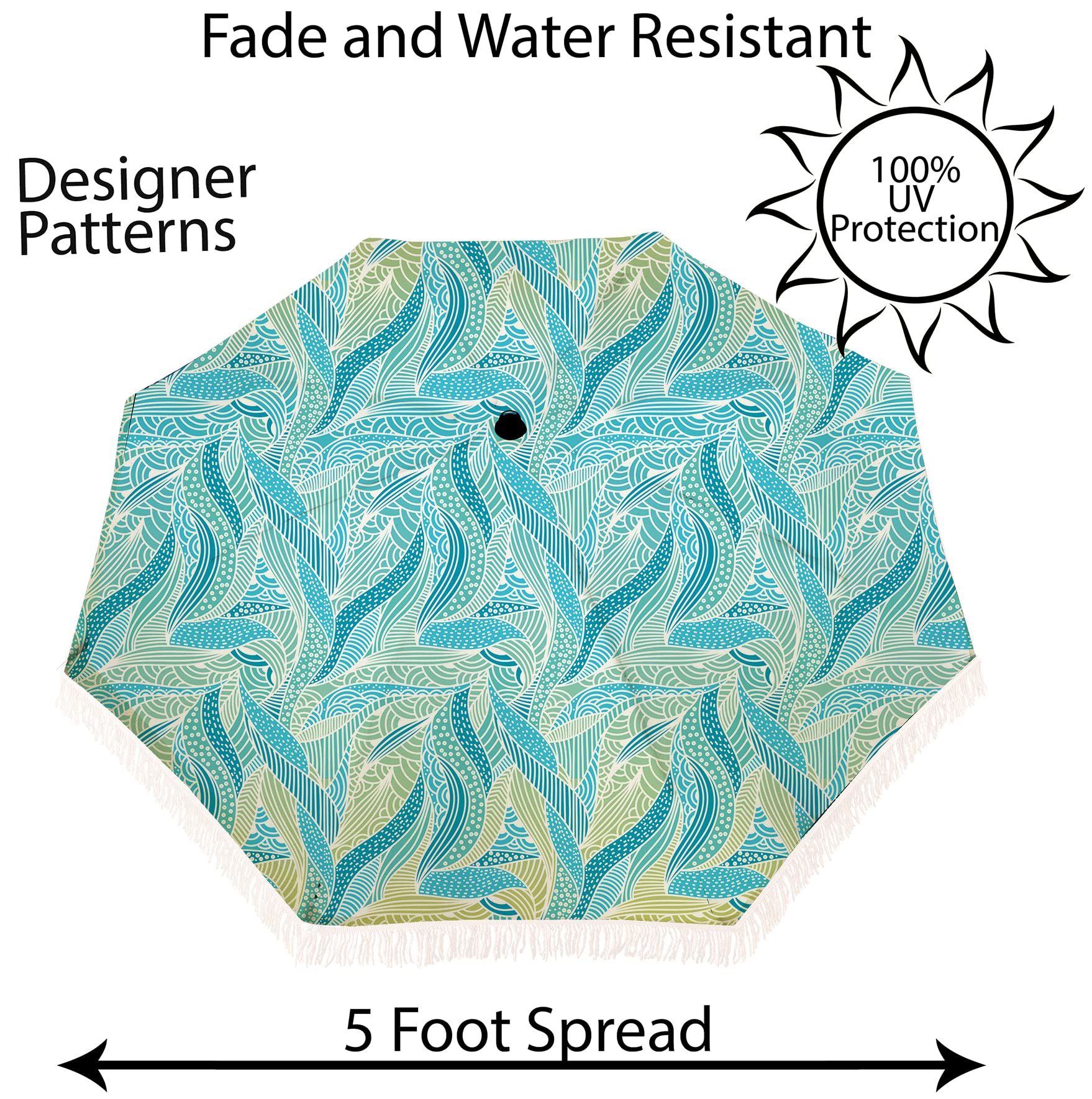 Windproof Beach Umbrella with Sand Anchor Bag - Portable UV Protection Umbrella for Sand, Sports & Outdoor Activities | 100% UV Sun Block, Pointed Bottom Design & Denim Carry Bag | Perfect for Beach Days, Picnics & Poolside Relaxation (Bahama Seacove)