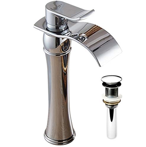 Leon Single Handle Bathroom Sink Faucet with Drain - Modern Waterfall Spout Bathroom Faucet for Vanity Sink, Brushed Nickel Finish - Perfect for Home, Hotel, and Commercial Use