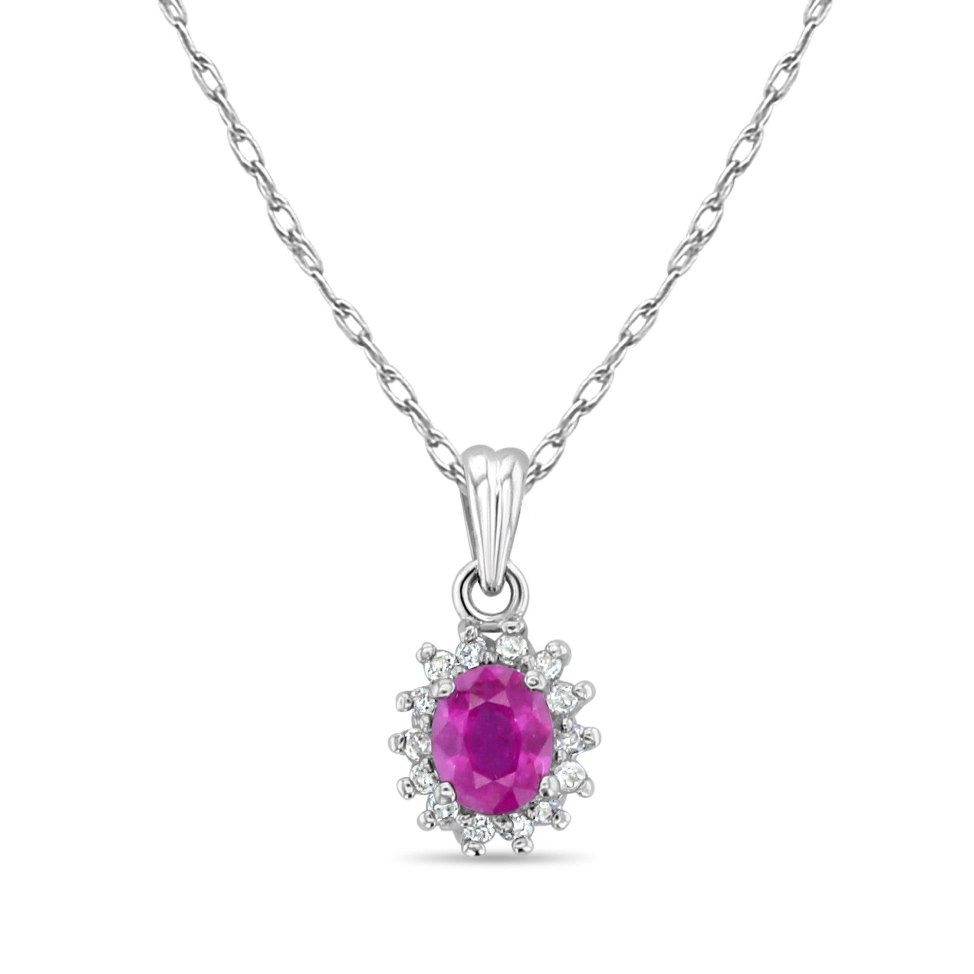 14k White Gold Oval Ruby Diamond Halo Necklace - Elegant Jewelry Gift for Women, Perfect for Anniversaries, Weddings & Special Occasions