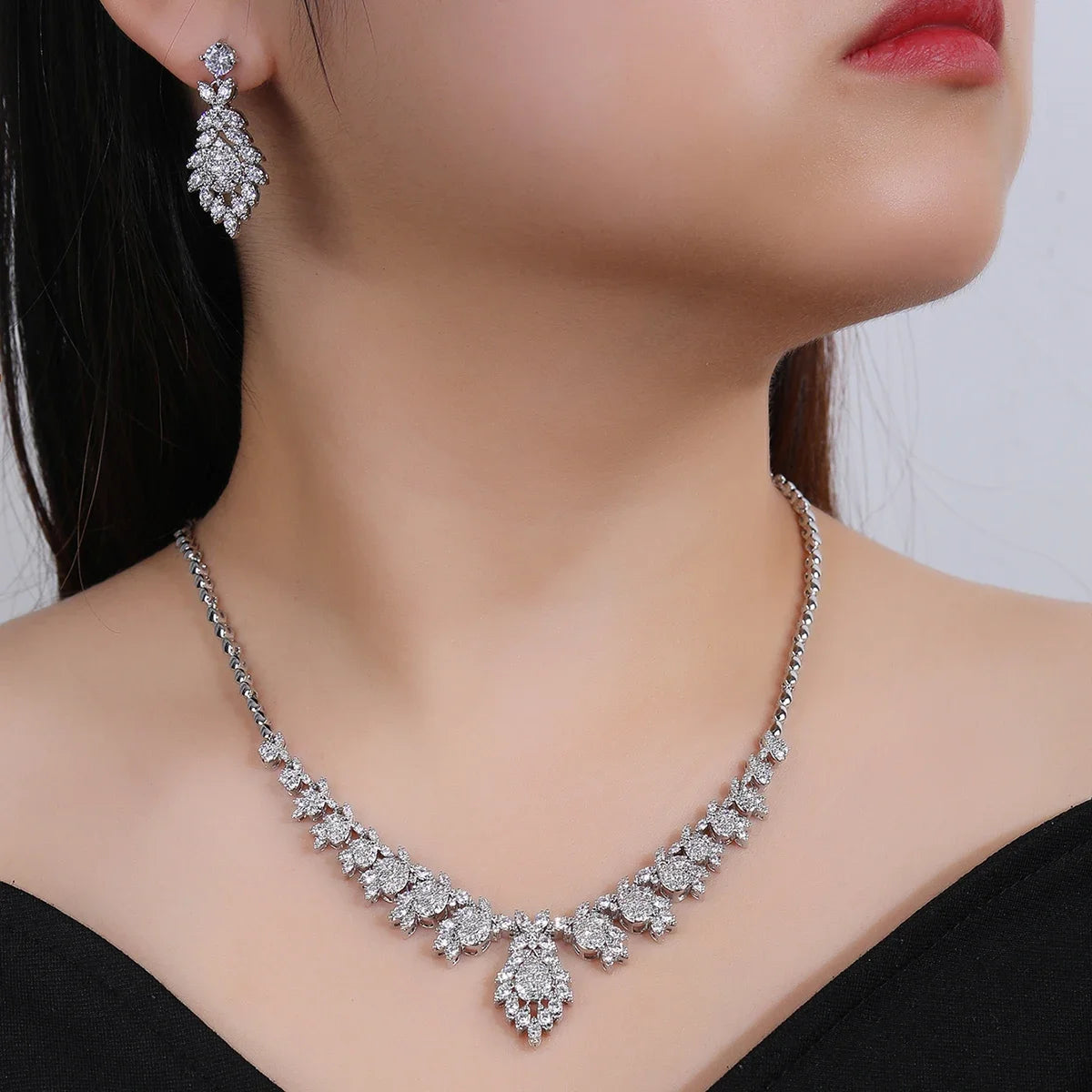 Elegant Cubic Zirconia Necklace & Earrings Set for Women - Wedding, Bridal Jewelry in Sterling Silver with White Zirconia Stones | Perfect for Anniversary Gifts, Prom, Evening Parties and Special Occasions