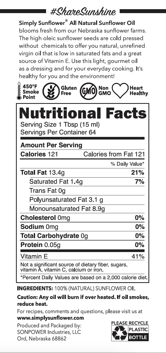 Organic Sunflower Oil 32 oz - Non-GMO, Gluten-Free, Vegan Cooking Oil - Heart Healthy & Cold Pressed - Made in USA - Perfect for Baking, Frying & Salad Dressings