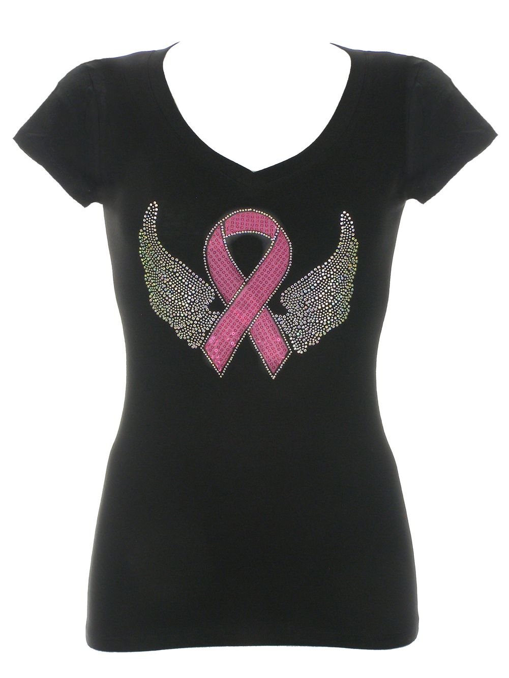 DivaDesigns Women's Rhinestone Bling V-Neck T-Shirt with Pink Ribbon & Wings Design - Black | Breast Cancer Awareness, Casual Wear & Everyday Outfits
