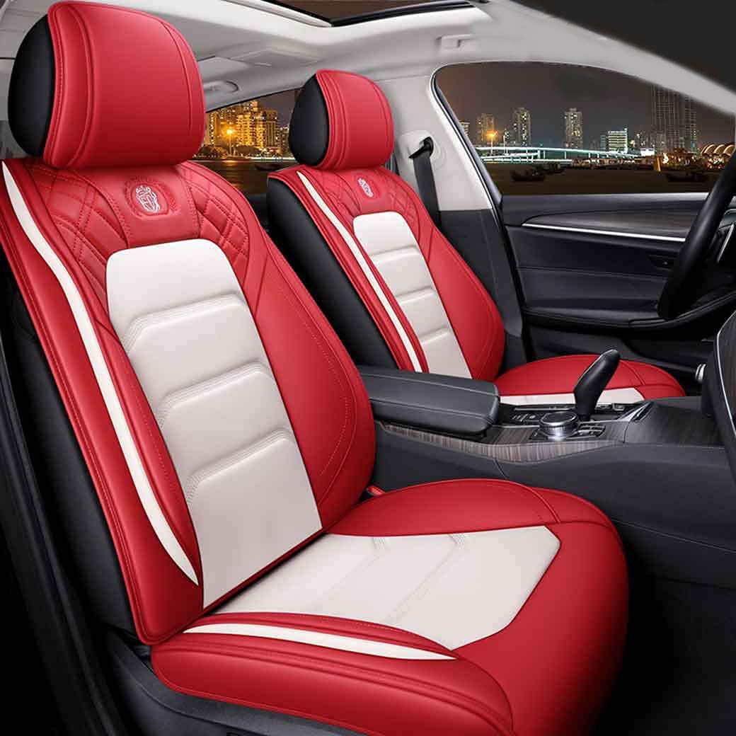Premium Universal Leather Car Seat Covers Full Set (5 Seats) - Red & White - Comfortable & Durable for SUVs, Sedans, Trucks - Perfect for Road Trips, Commuting & Family Protection