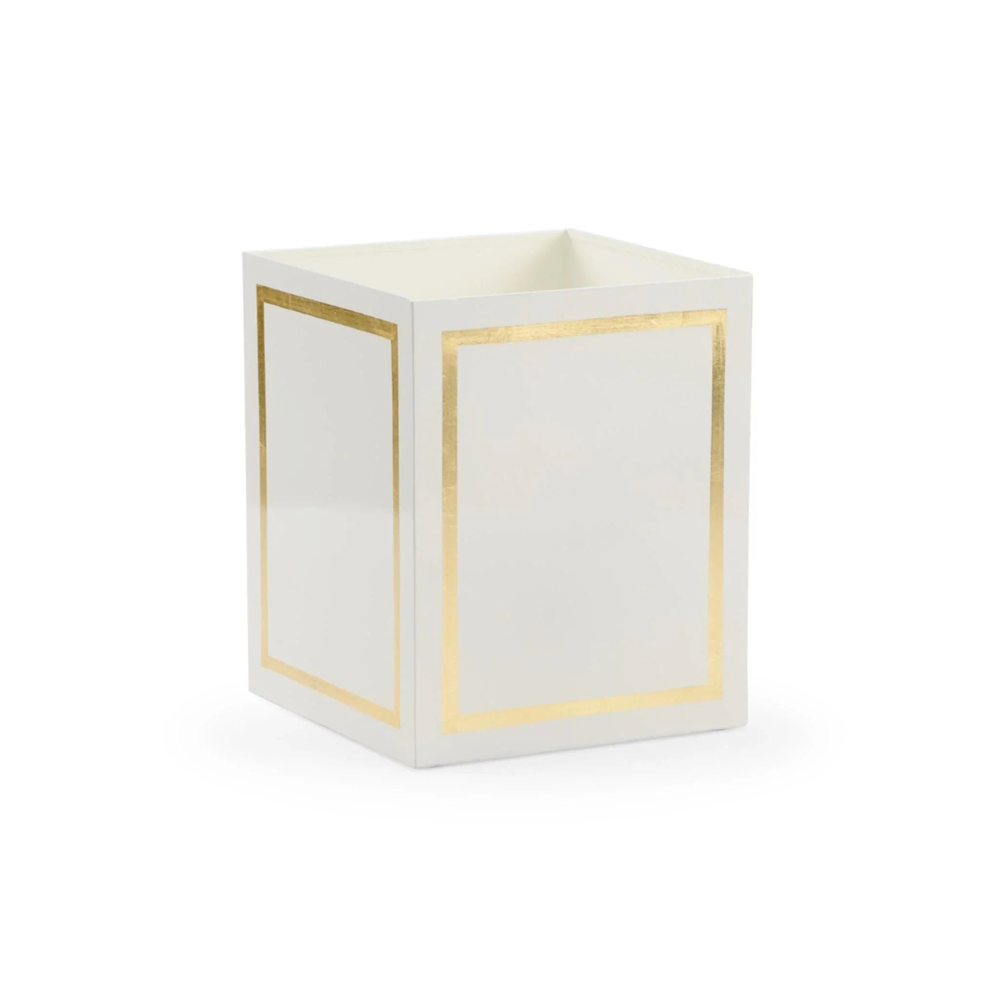 Elegant Cream Metal Wastebasket with Shiny Gold Trim - Perfect for Home, Office & Bathroom Trash Can