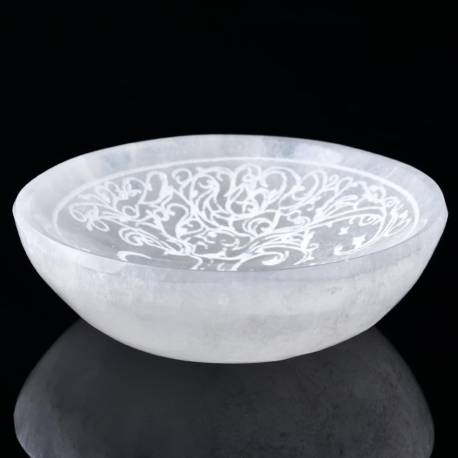 AMOYSTONE Natural Selenite Crystal Bowl - Charging Plate with Tree of Life Engraving | Energy Cleansing & Meditation Accessory for Home, Office & Spiritual Healing