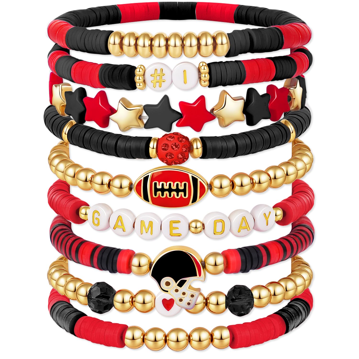 9 Pack Game Day Football Merchandise for Sports Fans - Stackable Heishi Bead Bracelets Set, Team Spirit Jewelry & Keepsake Gifts for NFL Fans | Perfect for Tailgating, Game Day Parties & Sports Themed Events