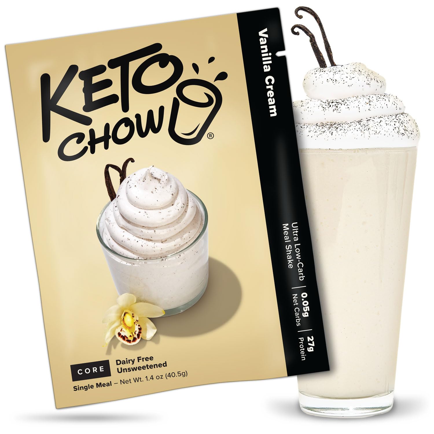 Keto Chow Vanilla Cream Core (Unsweetened) - Keto Meal Replacement Shake Powder - Low Carb High Protein Dairy-Free Nutrition - Complete Meal Substitute for Weight Loss & Ketogenic Diet - Perfect for Busy Professionals & On-the-Go Lifestyle