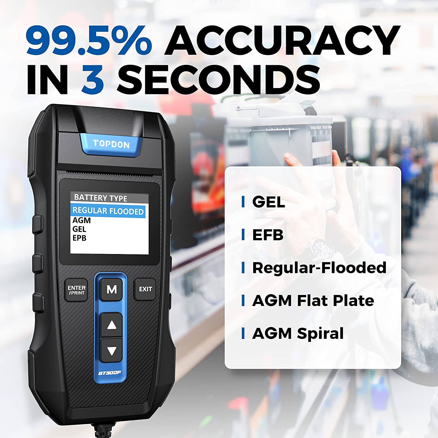 TOPDON BT300P 12V 24V Car Battery Tester - 100-2000CCA Lead-Acid Battery Load Tester with Built-in Printer & Spark-Free Metal Clamps | Alternator Tester with Automatic Reverse Polarity Protection | Perfect for Auto Shops, Mechanics & DIY Car Maintenance