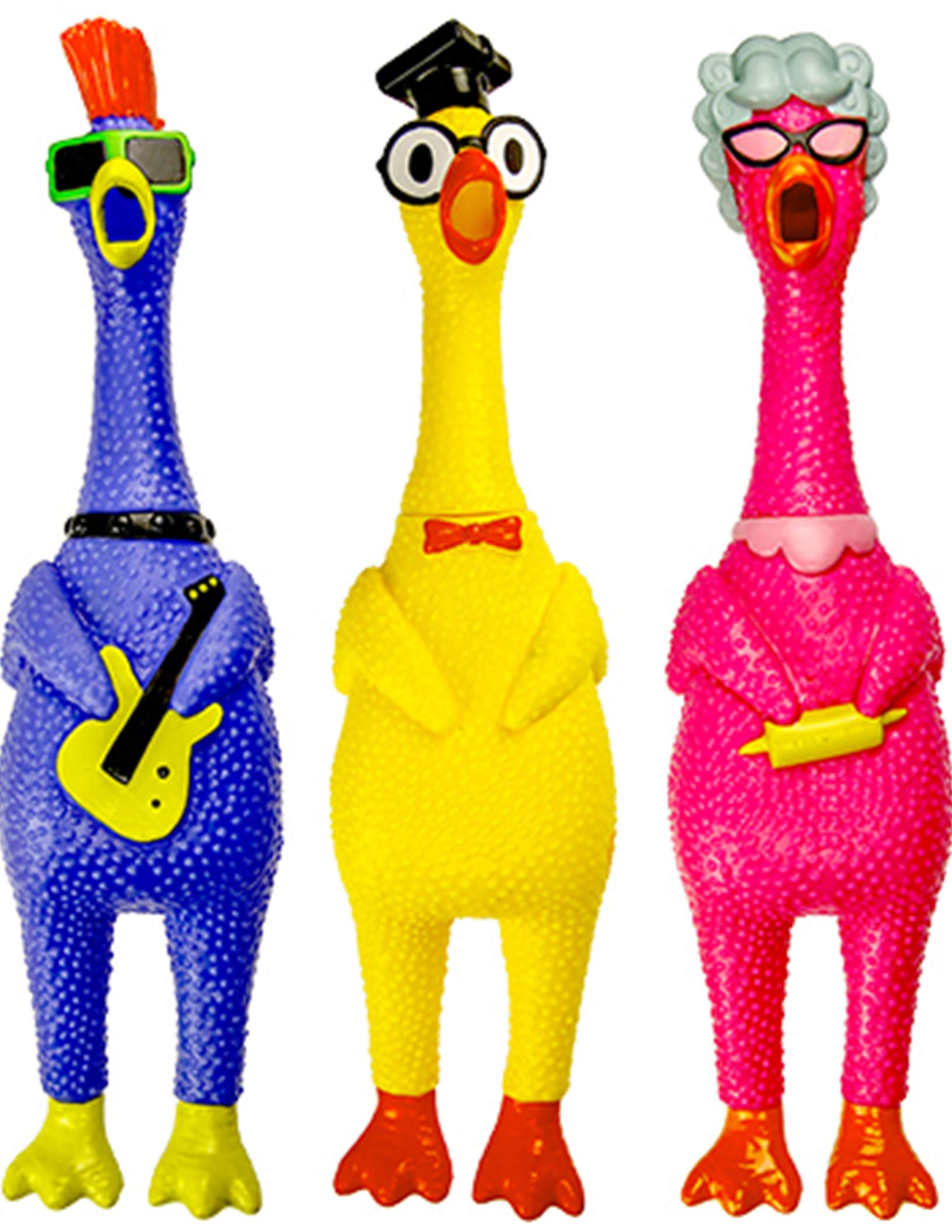 JA-RU Screaming Rubber Chicken Toy (3-Pack Assorted Colors) - Squeaky Funny Noise Maker for Kids, Prank Gag Gifts, Novelty Toys & Dog Chew Toys - Perfect for Birthday Parties, Pranks, and Pet Playtime