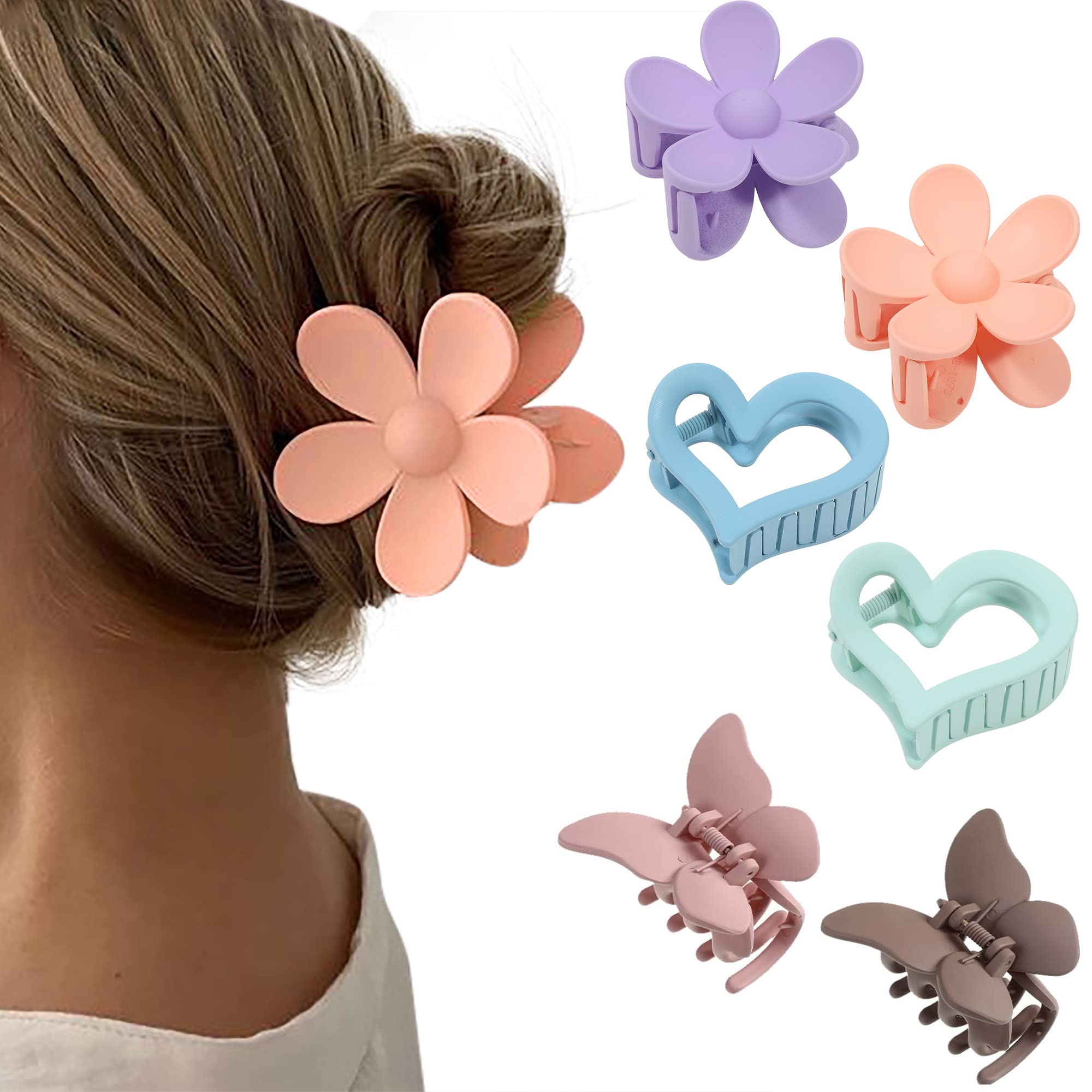 HAIMEIKANG 6 PCS Matte Hair Clips Set - Flower, Heart & Butterfly Hair Claw Clips for Women & Girls - Non-Slip Strong Hold for Thin/Medium/Thick Hair - Perfect for School, Work & Daily Styling
