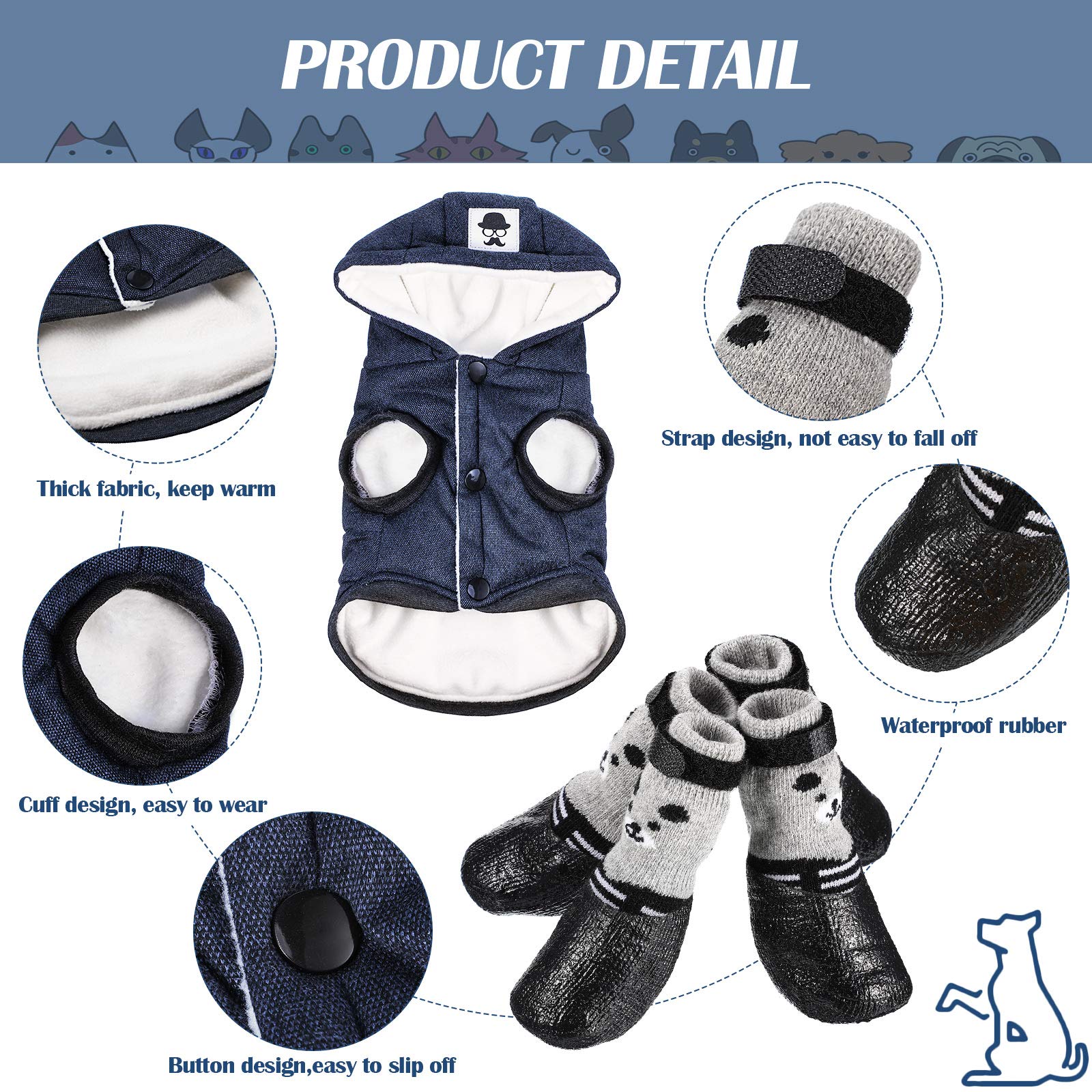Waterproof Hooded Dog Coat & Boots Set - Warm Puppy Jacket with Non-Slip Shoes for Small Dogs (Navy Blue, Large) - Perfect for Winter Walks, Rainy Days & Outdoor Adventures