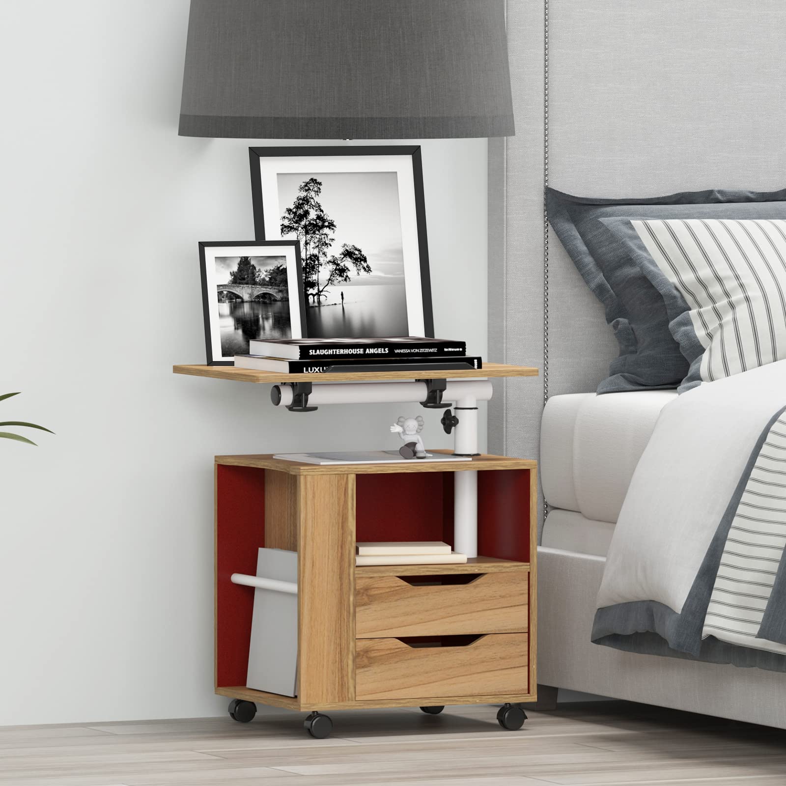 Adjustable Height Nightstand with Storage Drawer & Shelf - Mobile Coffee Table, Sofa Table & Bedside Table for Living Room, Bedroom & Office - Solid Oak Wood - Perfect for Small Spaces, Apartment Living & Home Office Organization