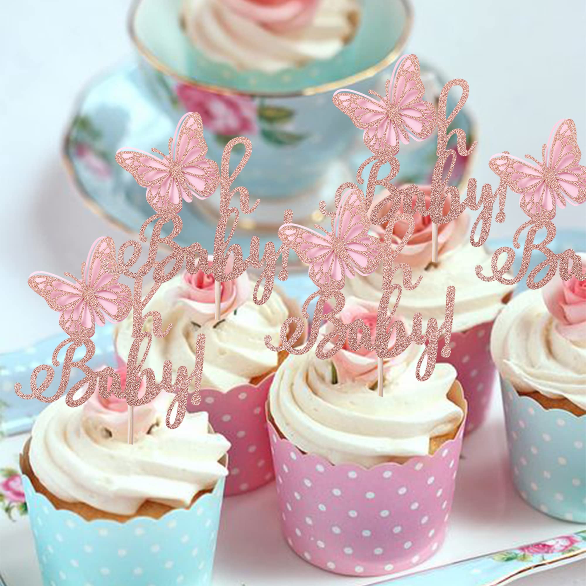 24 Pack Butterfly Cupcake Toppers - Glitter Baby Shower & Birthday Party Decorations - Rose Gold Butterfly Cupcake Picks for Kids Birthday, Baby Shower Theme Party Supplies | Perfect for Wedding, Bridal Shower, Gender Reveal & Celebration Decor