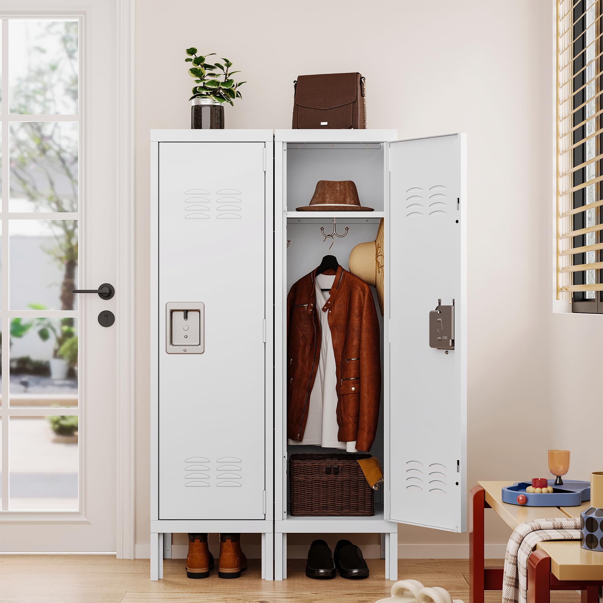 White Metal Storage Locker with Hooks - Single Door Steel Locker for Home, Office, Gym & School - Secure Employee Storage Solution for Clothes, Shoes & Personal Items