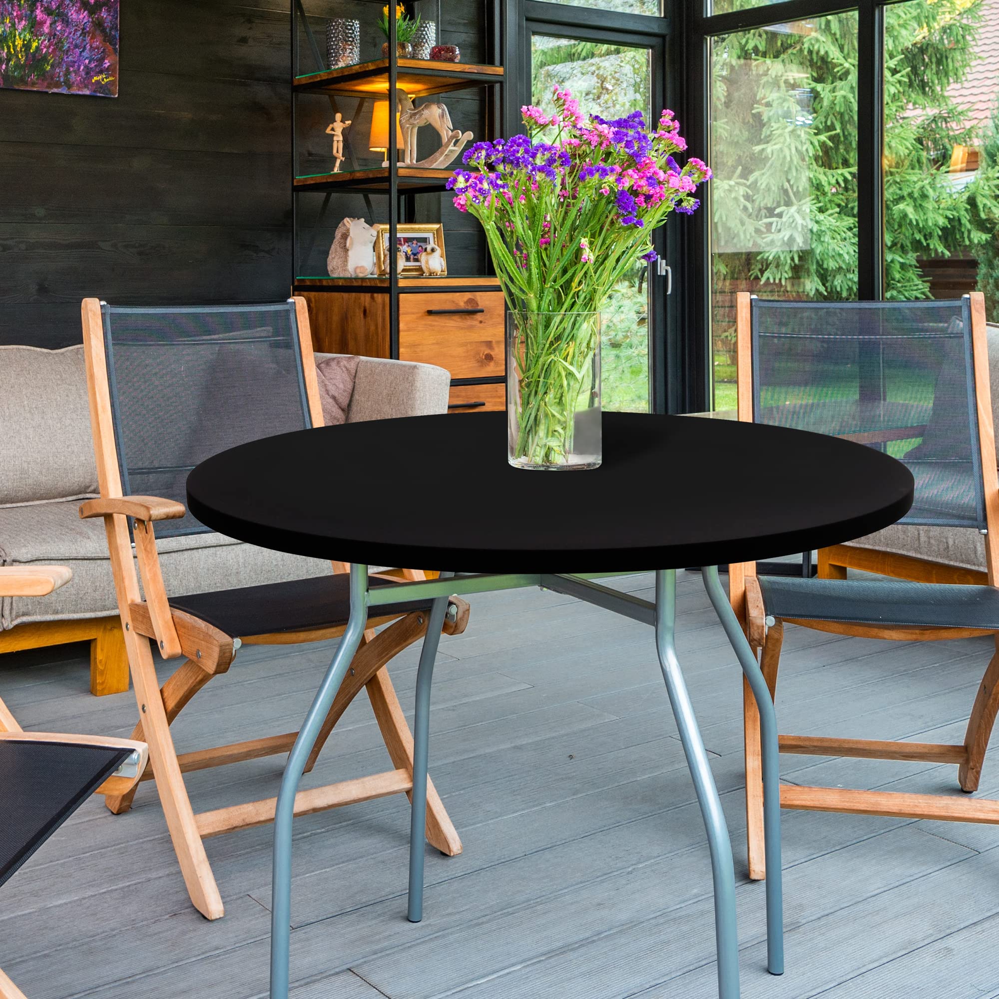 2 Pack Black Spandex Elastic Round Fitted Tablecloth - Stretchable Table Cover for 60 Inch Tables - Perfect for Kitchen, Dining Room, Indoor, Outdoor, Picnic & Camping Use