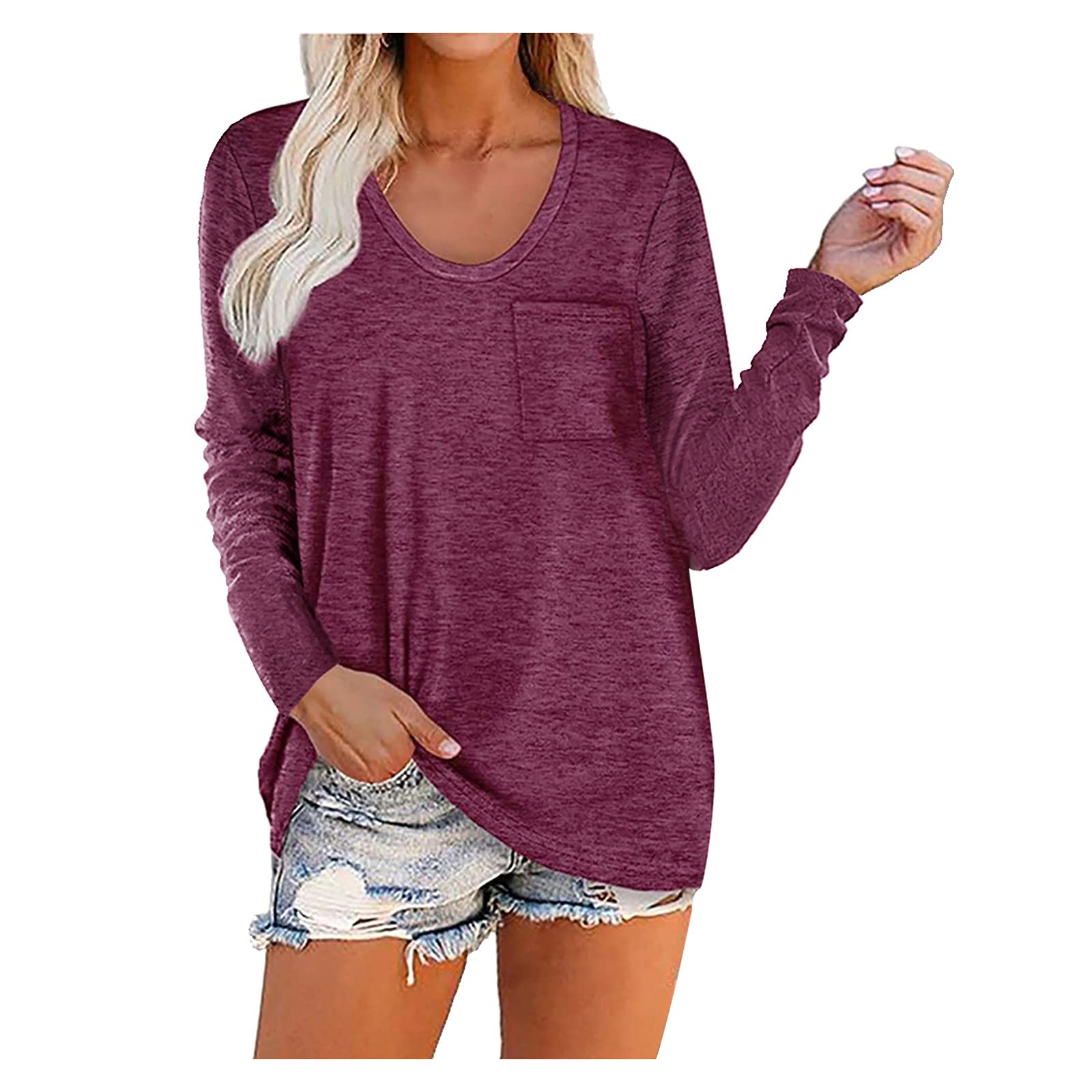 Women's V-Neck Workout Tops with Pockets - Long Sleeve Cropped T-Shirt, Plus Size Loose Fit Blouse & Tunic - Perfect for Gym, Yoga, Running & Casual Wear