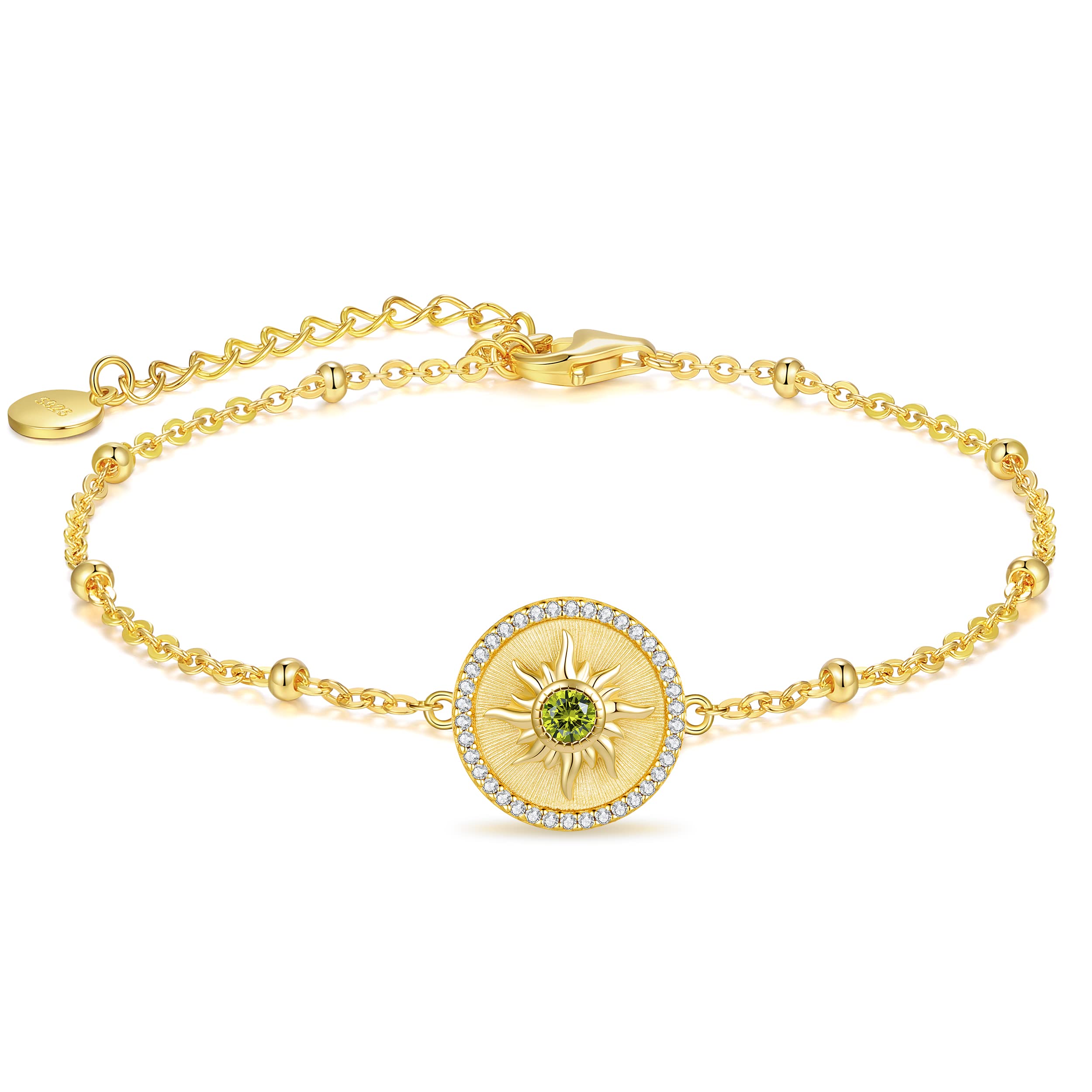 925 Sterling Silver Adjustable Sun Charm Bracelet for Women - 14K Gold Plated Link Bracelet | Birthday, Anniversary, Christmas Jewelry Gift for Her, Wife, Girlfriend, Daughter | Perfect for Beach Vacations, Summer Outfits & Boho Style Accessories