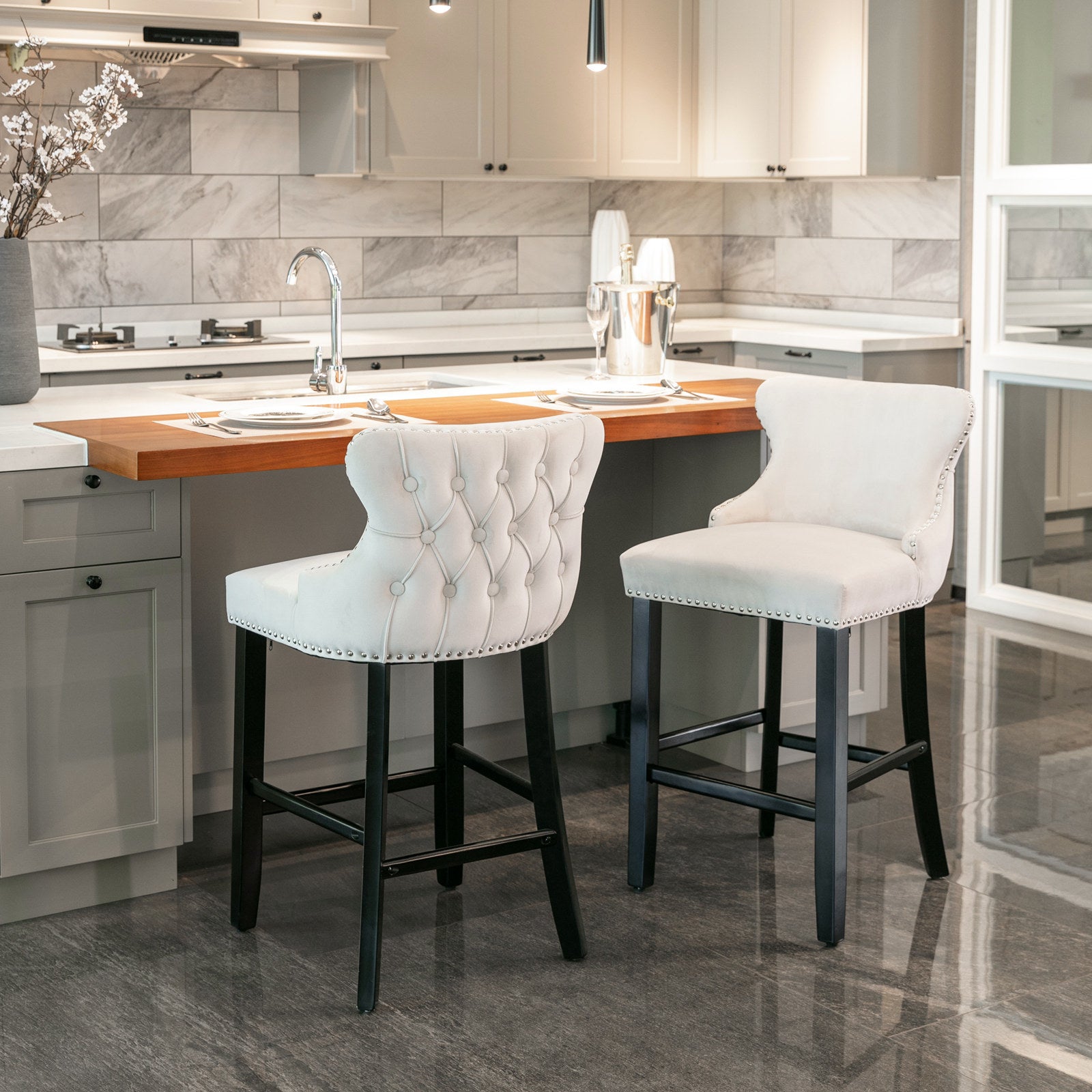 Contemporary Velvet Upholstered Wingback Bar Stools - Set of 4 Beige Bar Chairs with Button Tufted Design, Wooden Legs & Chrome Nailhead Trim | Perfect for Kitchen Islands, Home Bars & Modern Dining Areas