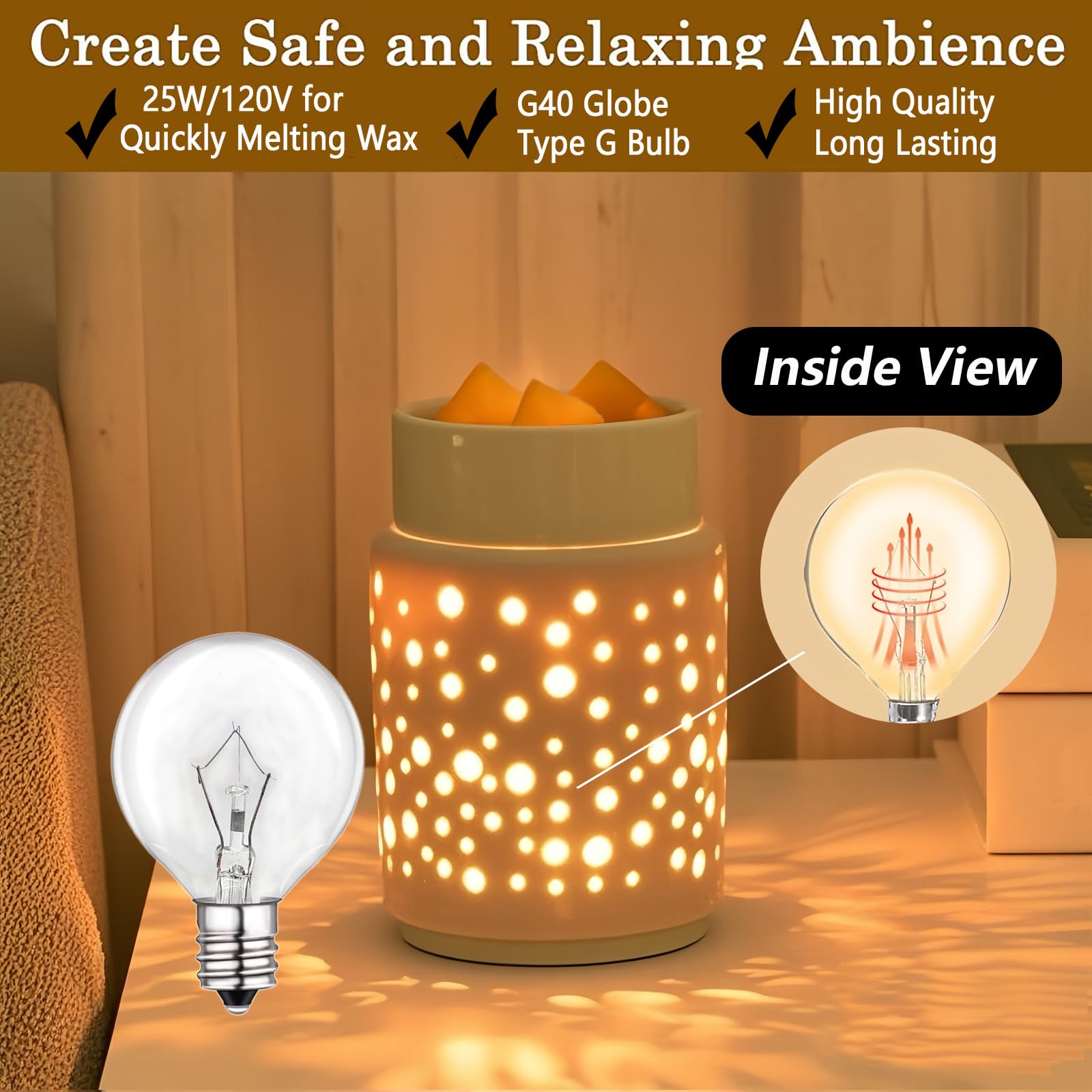 25 Watt Wax Warmer Bulbs - 6 Pack G40 E12 Base Light Bulbs for Scentsy Warmers, 120V Dimmable Warm White Candle Lamp Bulbs - Perfect for Aromatherapy, Home Fragrance & Relaxation Spaces