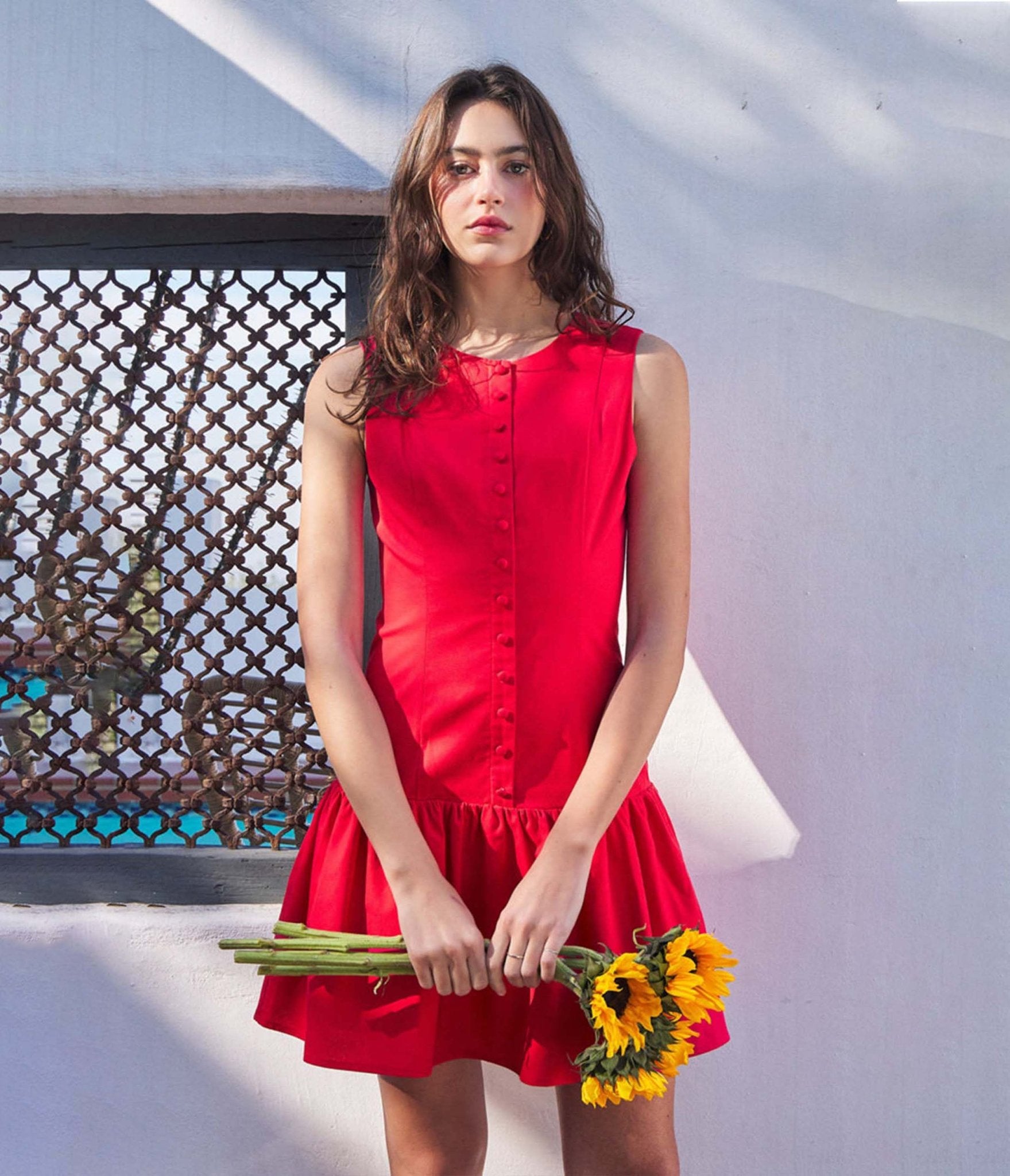 Elegant Red Drop Waist Button Front Mini Dress for Women - Perfect for Cocktail Parties, Date Nights & Summer Outings