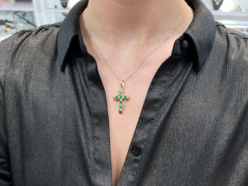 1.75tcw 14K Gold Real Emerald Cross Pendant Necklace - Medium Dark Vivid Green Gemstone Jewelry for Men & Women | Perfect for Gifts, Weddings & Everyday Elegance