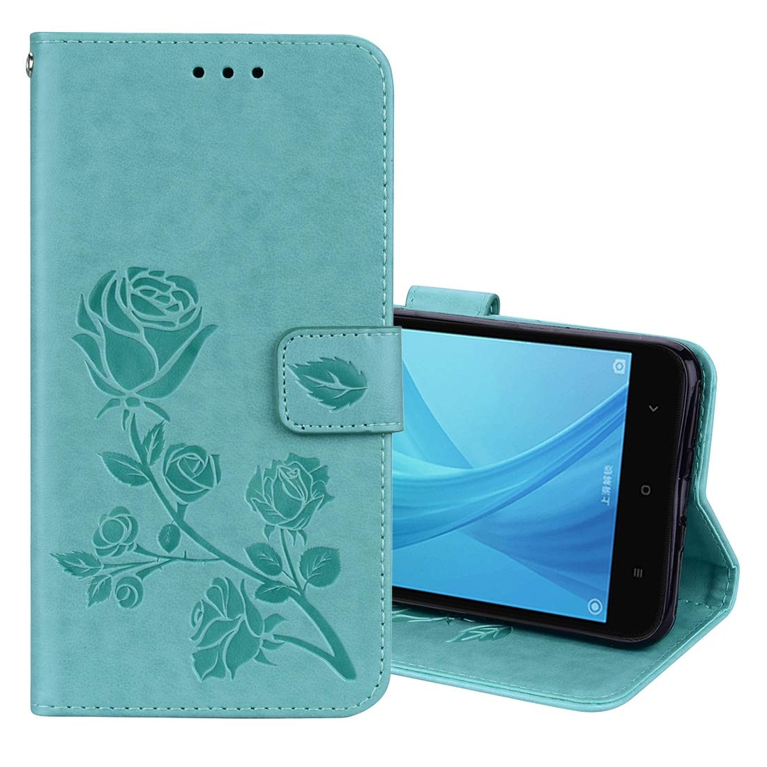 Xiaomi Redmi Note 5A Pro/Prime Leather Wallet Case - Floral Design with Card Slots & Kickstand (Black/Green) - Perfect for Daily Use, Travel & Business Meetings
