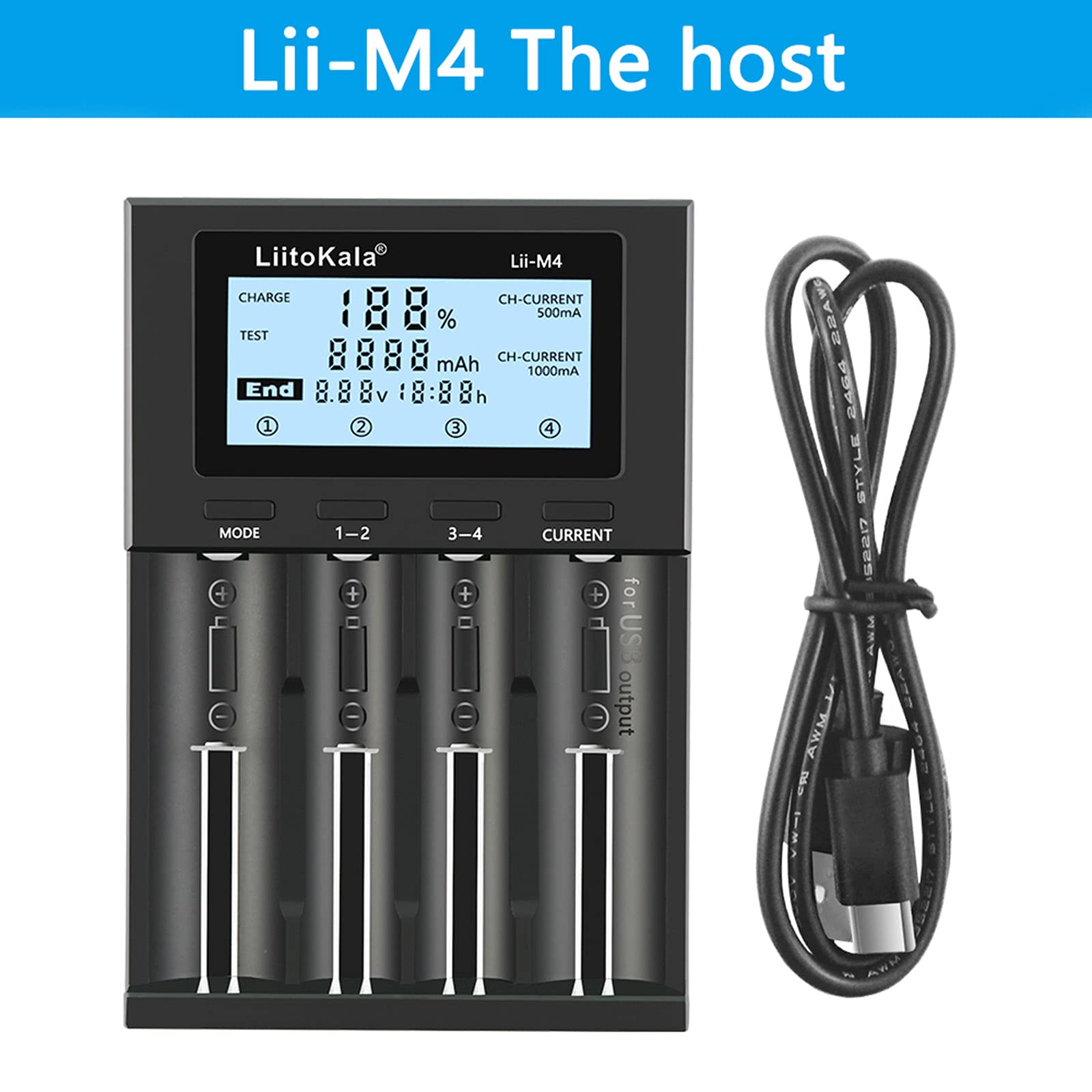 LII-M4 4-Slot Smart Battery Charger with LCD Display - Fast Charging for 18650, 26650, 14500, AA, AAA Lithium & NiMH Rechargeable Batteries - Perfect for Flashlights, Cameras, Toys, and Electronic Devices
