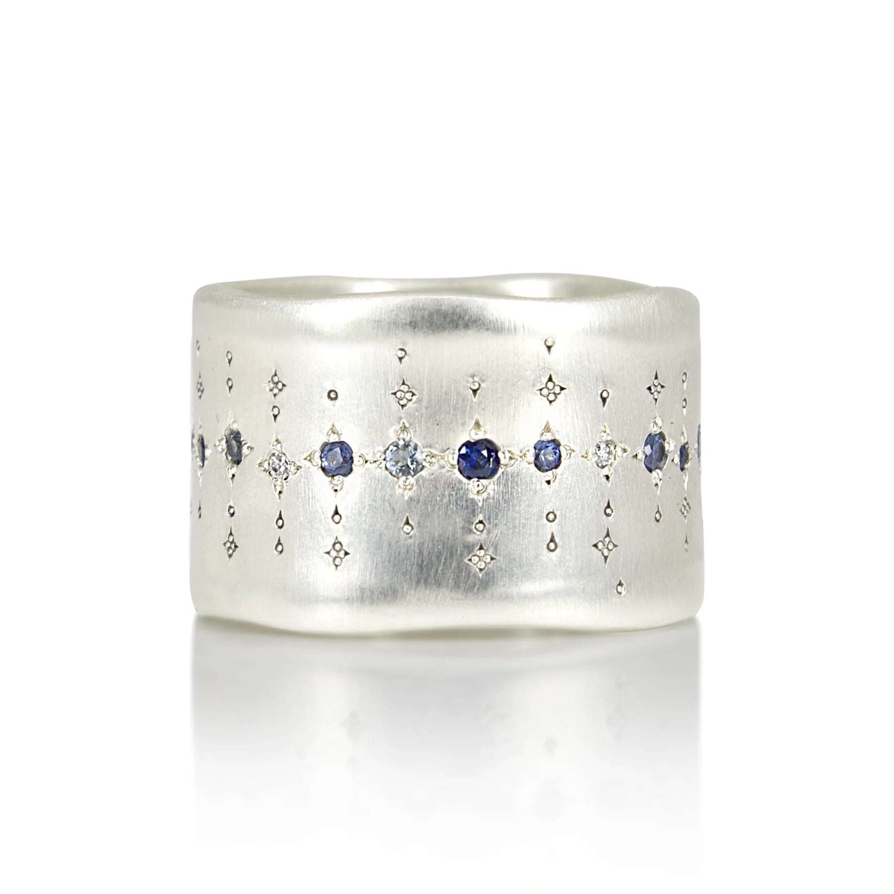 Single Organic Wide Silver Band with Multi Gemstones - Elegant Handmade Sterling Silver Ring for Women - Perfect for Weddings, Anniversaries & Special Occasions