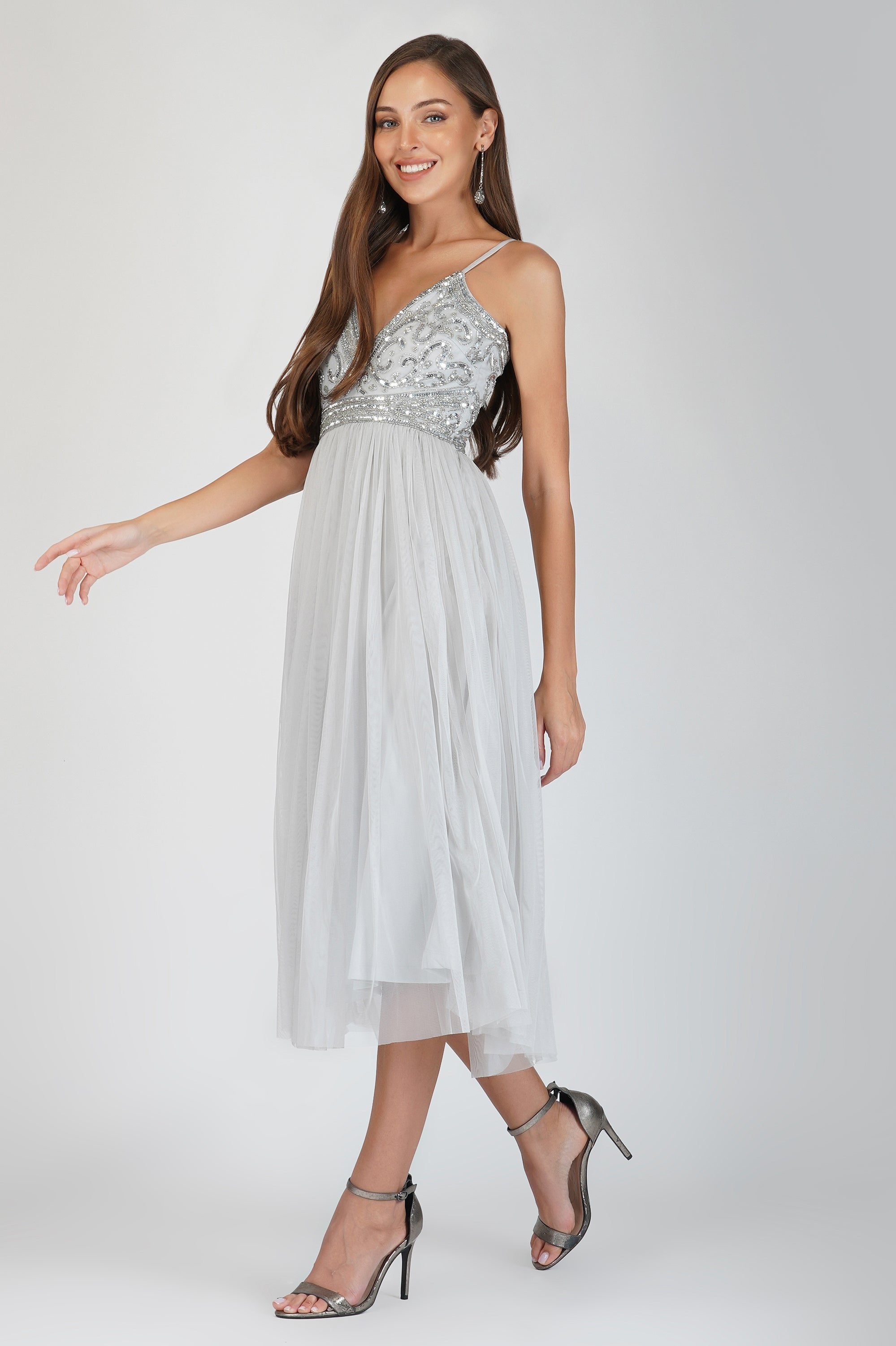 Ruhi Embellished Midi Dress in Grey - Elegant Floral Lace Cocktail Party Dress for Women, Perfect for Weddings, Evening Events & Date Nights