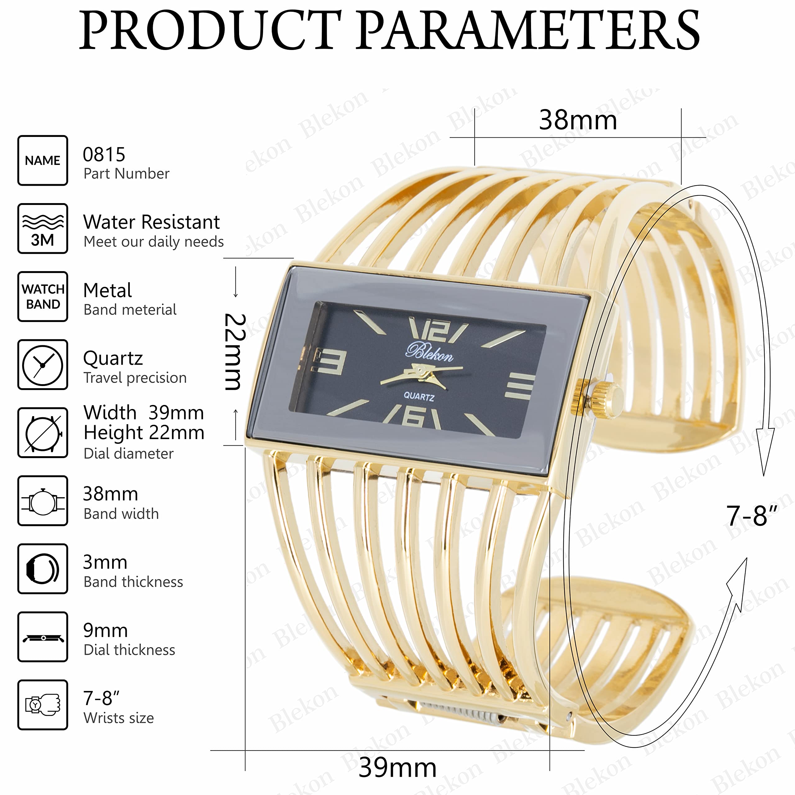 Blekon Collections Women's Fashion Watch - Stylish Rectangular Analog Quartz Wristwatch with Semi Cuff Bangle Design | Perfect for Office, Party, and Everyday Wear