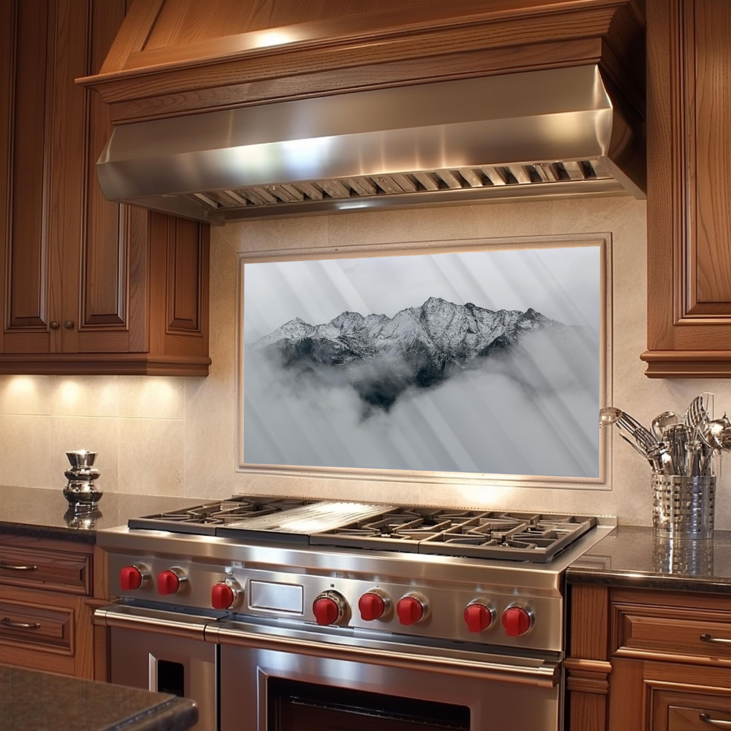 Premium Tempered Glass Kitchen Backsplash - Heat Resistant Stove Backsplash with Peel & Stick Installation | Easy to Clean Splash Guard for Cooking, Baking & Food Prep Areas