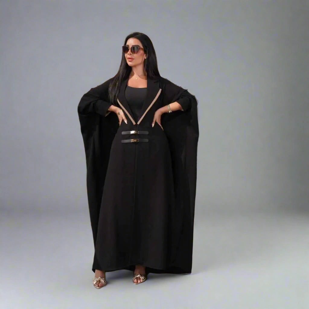 Elegant Batwing Sleeve Farasha Open Abaya Dress with Adjustable Leather Belt - Modest Muslim Women's Prayer Dress for Special Occasions & Evening Events