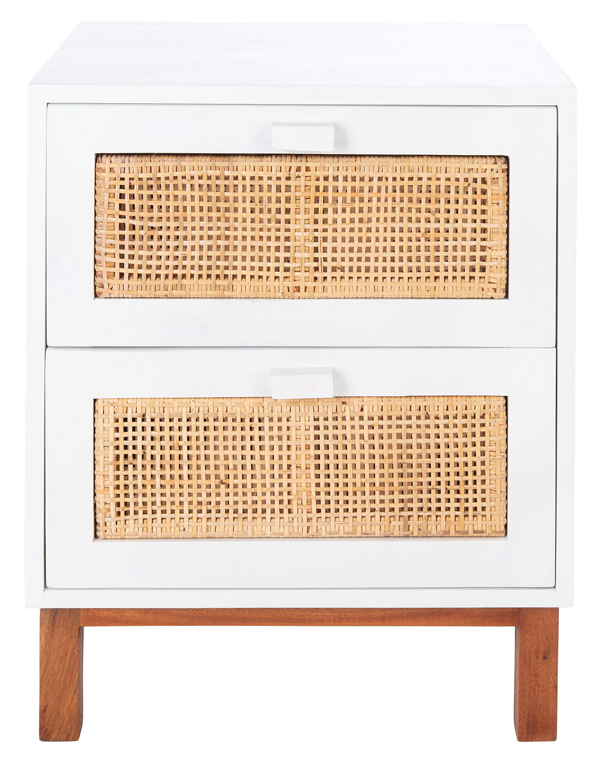 SAFAVIEH Home Collection Erica White & Natural Rattan 2-Drawer Nightstand - Modern Bedside Table for Bedroom Decor & Storage