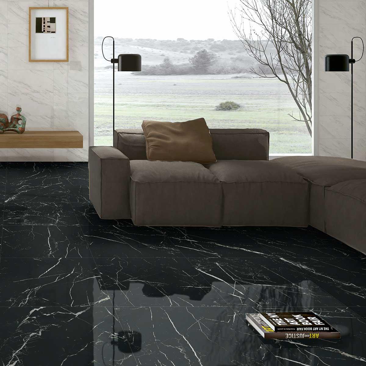 Premium Marble Look Porcelain Tile 24x24 Inch - Nero Marquina Black Polished Finish for Flooring & Wall - Perfect for Bathroom, Kitchen & Living Room Décor