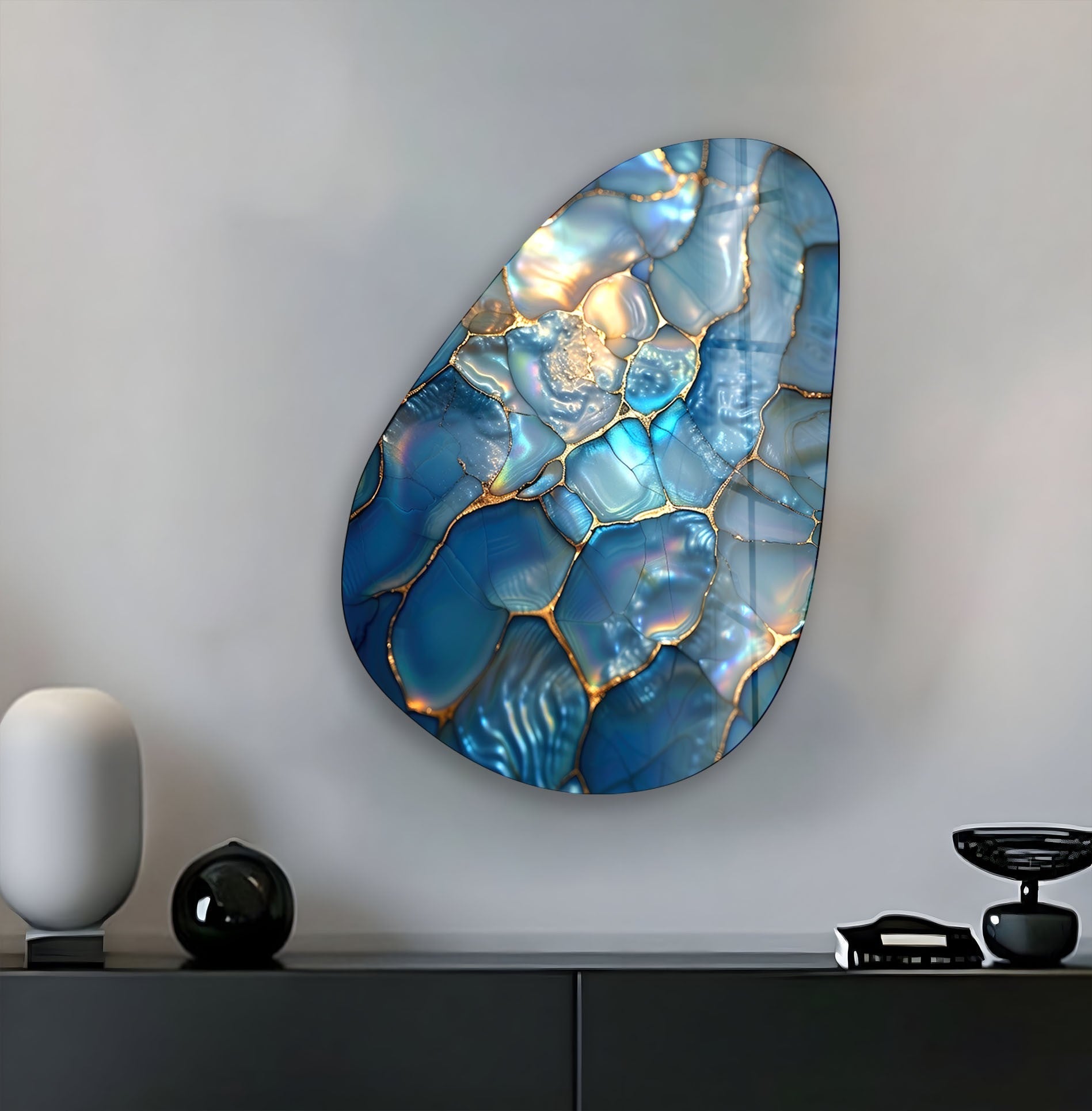 Modern Asymmetrical Oval Shiny Cracked Glass Wall Art - Elegant Home Decor for Living Room, Bedroom & Office