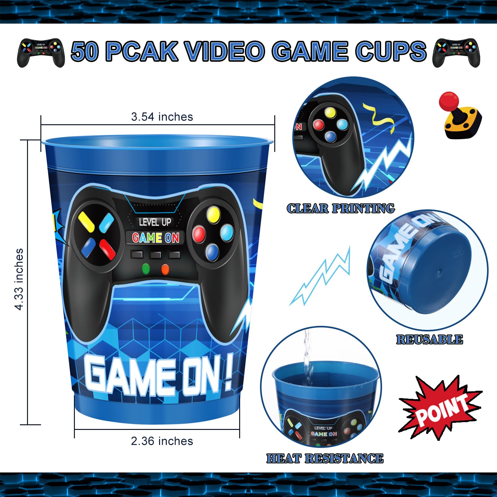 Tanlade 50-Pack 16oz Reusable Plastic Video Game Themed Cups - Blue Gaming Party Supplies for Birthday Decorations & Gamer Favors | Perfect for Game Nights, LAN Parties & Esports Events