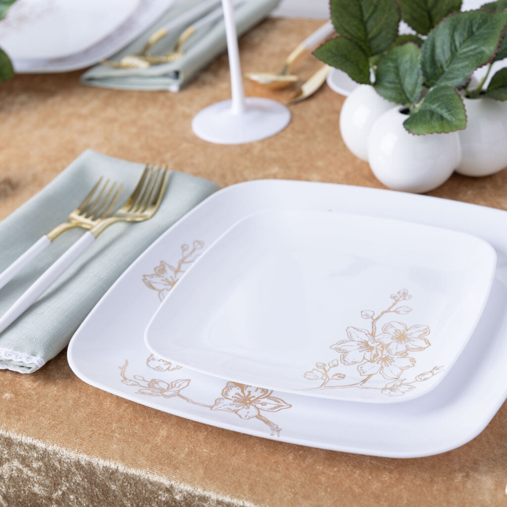 10-Pack White and Gold Square Plastic Plates for Parties, Weddings & Events - Elegant Disposable Dinnerware for Catering, Picnics and Home Decor