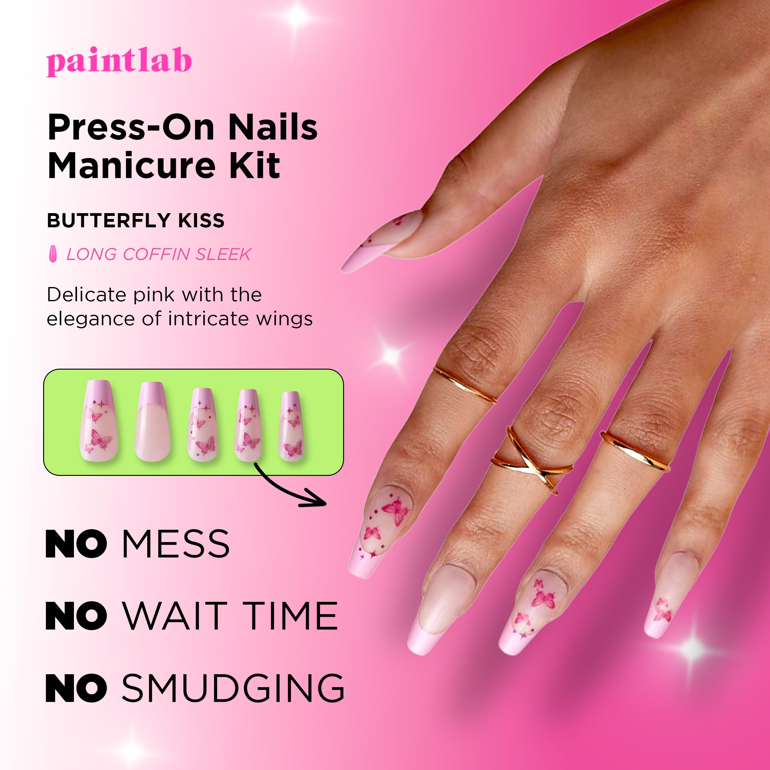 PaintLab Press-On Nails Kit - 30PCS Butterfly Kiss Fake Nails with Glue, Nail File, Prep Pad & Cuticle Stick | Long-Lasting Manicure Set for Parties, Weddings & Daily Wear