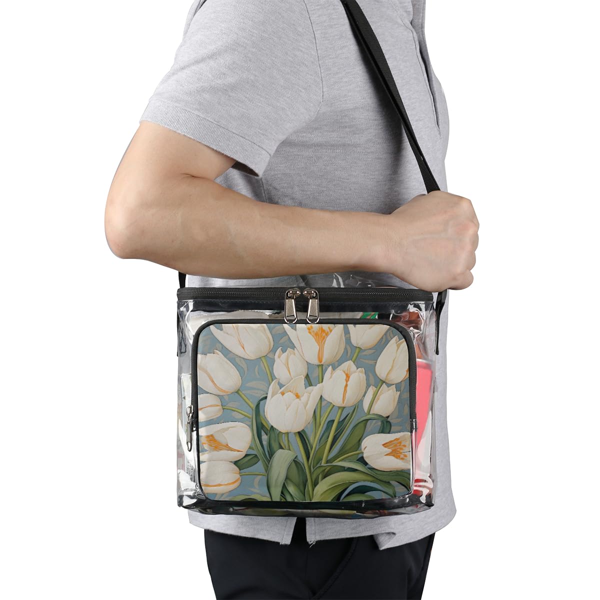 GzLeyigou White Tulips Clear Tote Bag with Handles - Floral Transparent Crossbody Shoulder Bag for Women - Perfect for Outdoor, Travel, Picnic, Concerts & Sports Events (Stadium Approved) - Lunch Bag, Beach Essentials & Shopping Companion