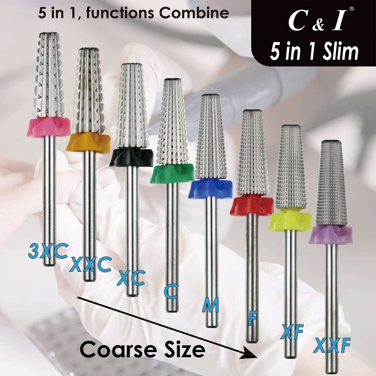 Professional 5 in 1 Nail Drill Bit Set - Slim Edition Electric Manicure Drill Bits for Nail Art, Acrylic & Gel Extensions - Double Fine XXF Grit - Perfect for Home & Salon Nail Care