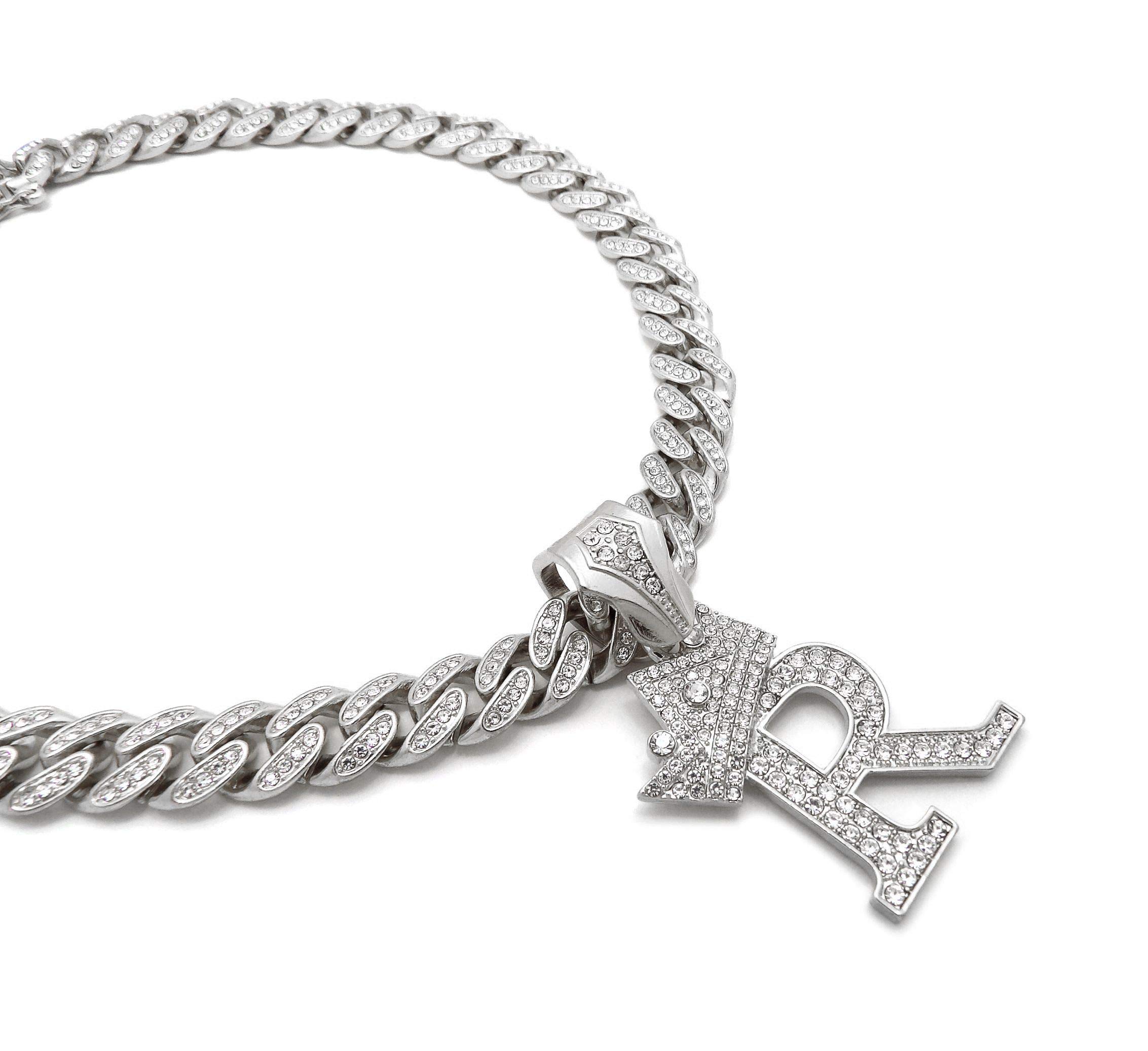 NYFASHION101 Iced Out Miami Cuban Chain Necklace with 12mm Stone Stud Crowned Initial Pendant - Perfect for Hip Hop Jewelry, Men's Bling Accessories & Gift Giving