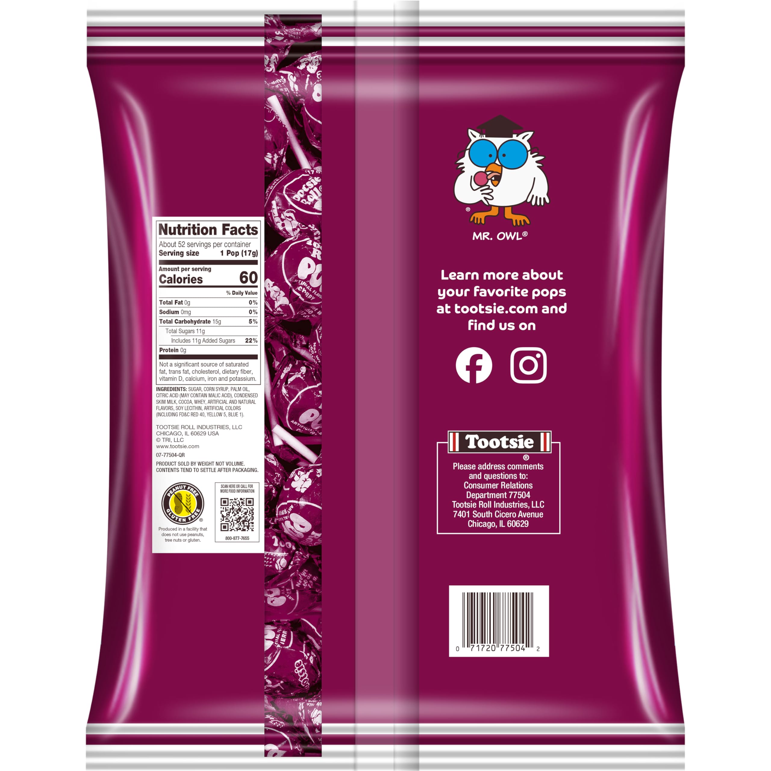 Tootsie Pops Raspberry Flavored Lollipops with Chocolate Center - 50 Individually Wrapped Hard Candies (Peanut Free, Gluten Free) - Perfect for Halloween Treats, Party Favors & Office Snacks