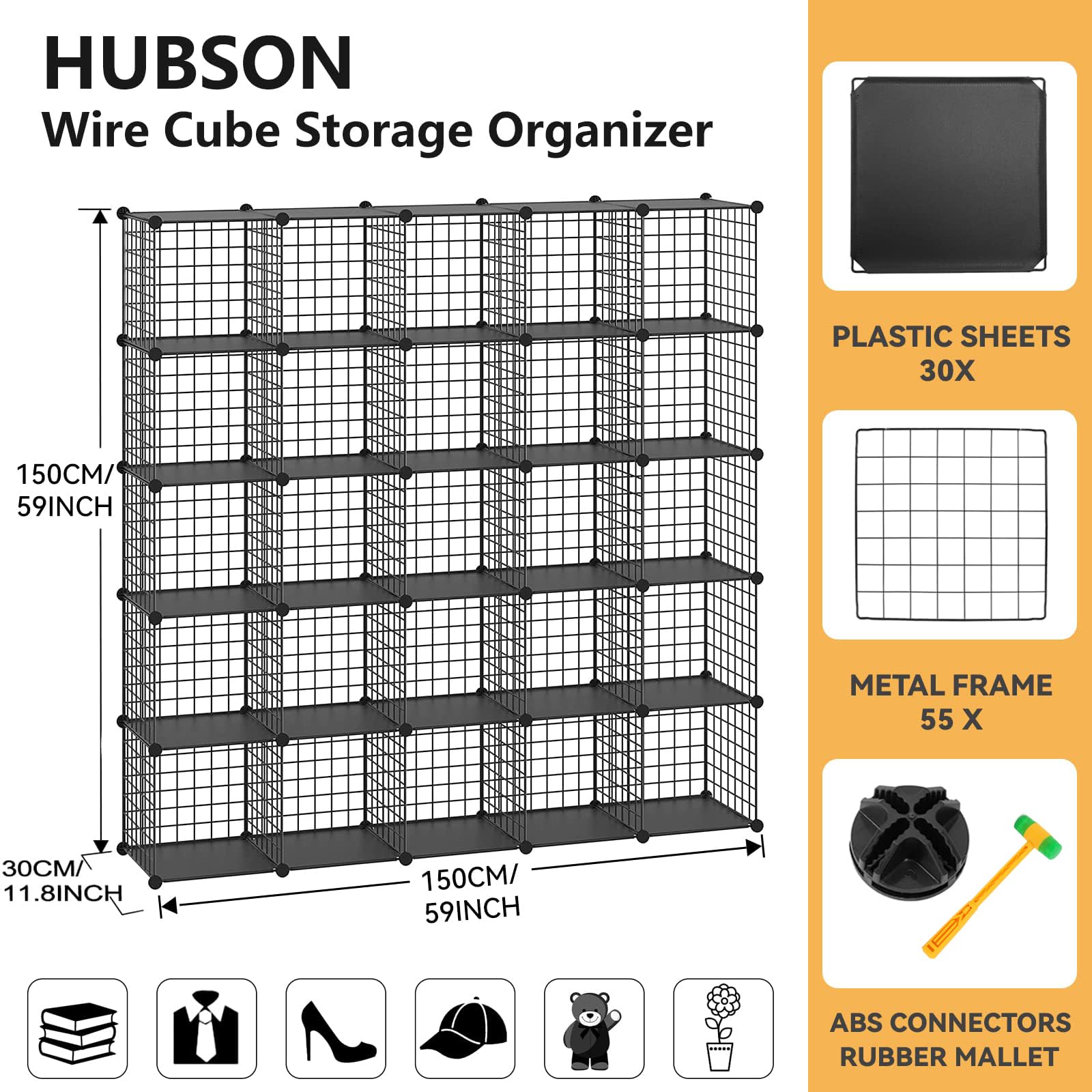 HUBSON 25-Cube Metal Grid Storage Shelf - Freely Combinable Wire Cube Organizer for Books, Toys, Crafts, Potted Plants & Pet Supplies | Black Iron Closet & Home Storage Solution | Perfect for Bedroom, Office & Garage Organization